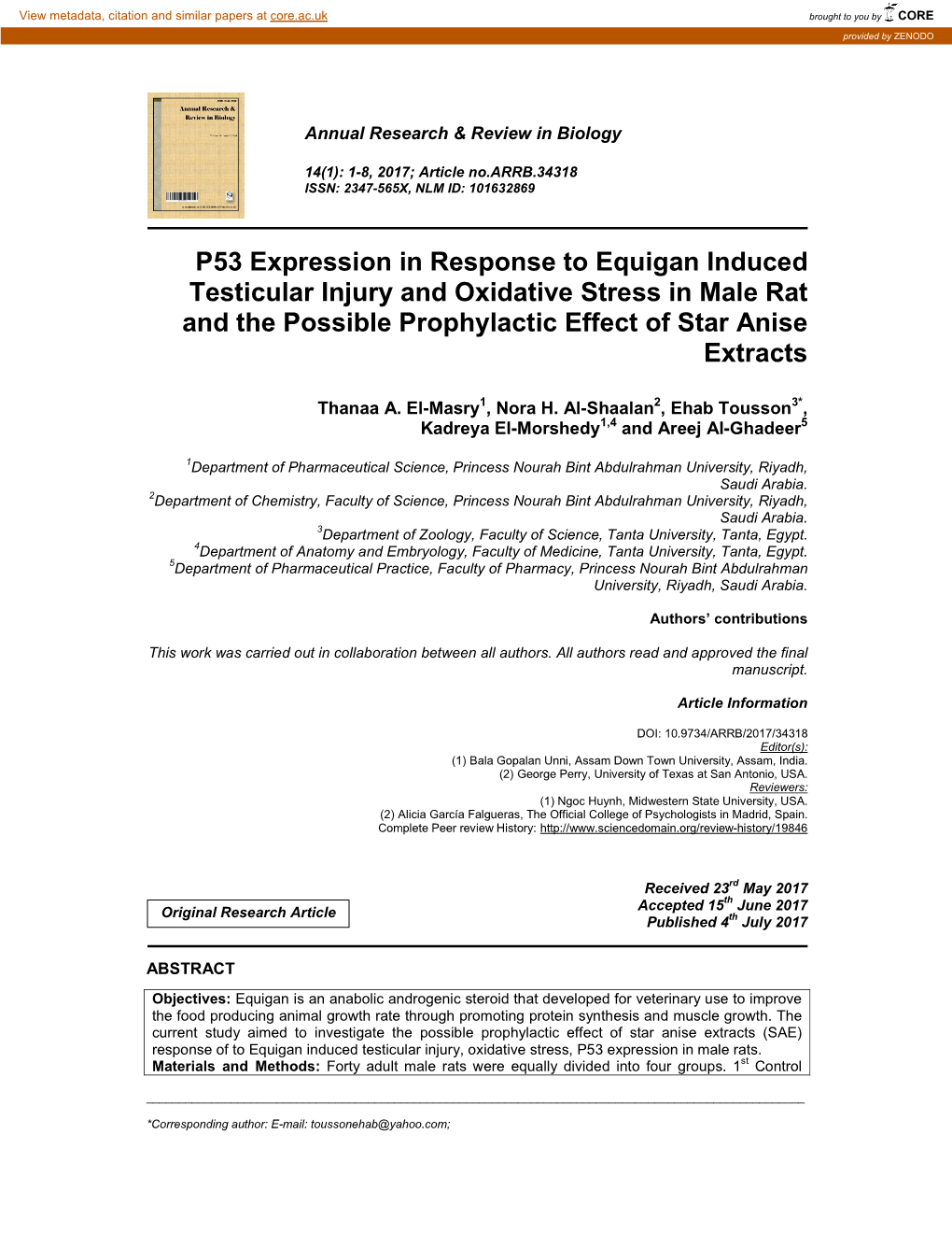 P53 Expression in Response to Equigan Induced Testicular Injury and Oxidative Stress in Male Rat and the Possible Prophylactic Effect of Star Anise Extracts