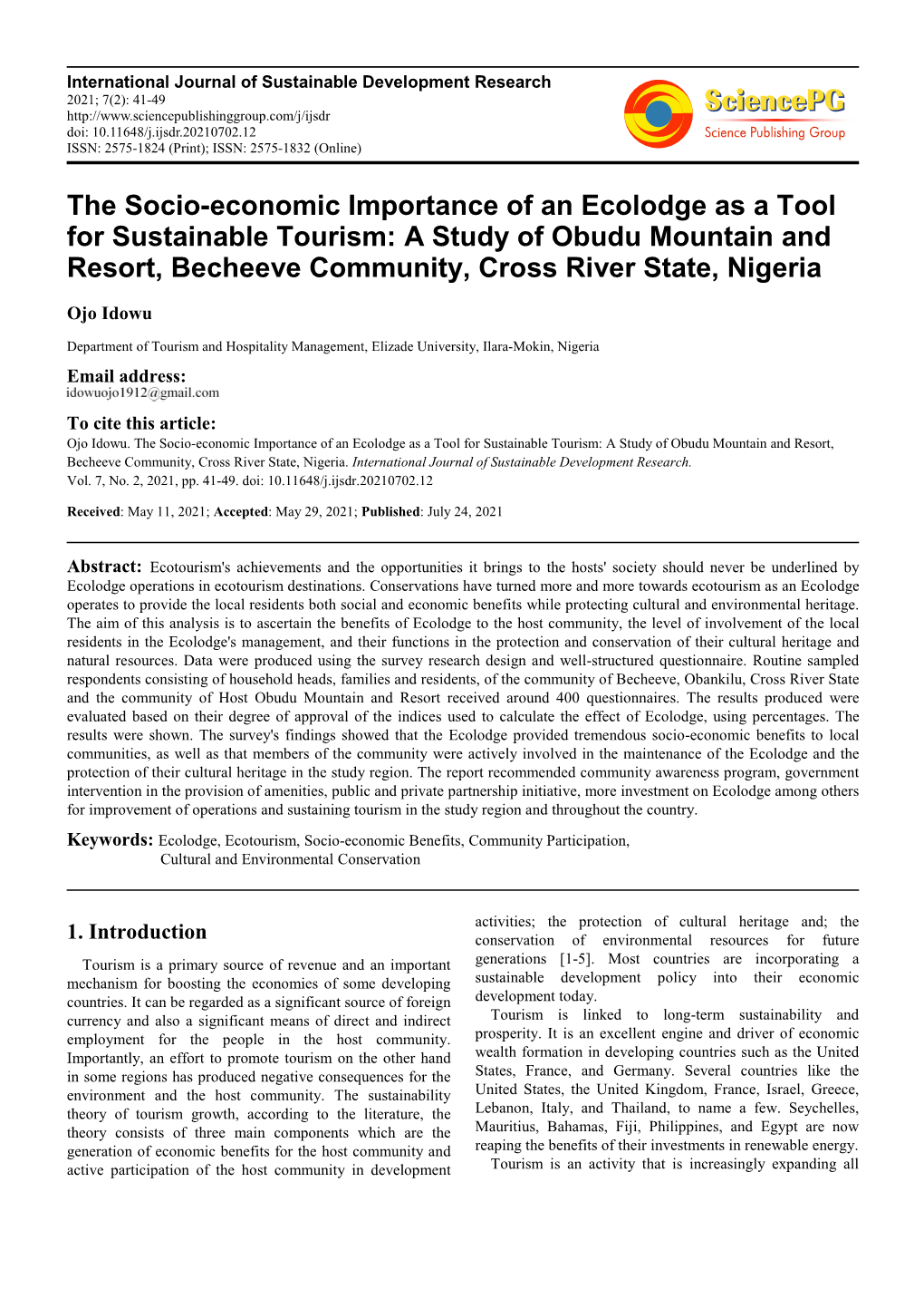 The Socio-Economic Importance of an Ecolodge As a Tool for Sustainable Tourism: a Study of Obudu Mountain and Resort, Becheeve Community, Cross River State, Nigeria