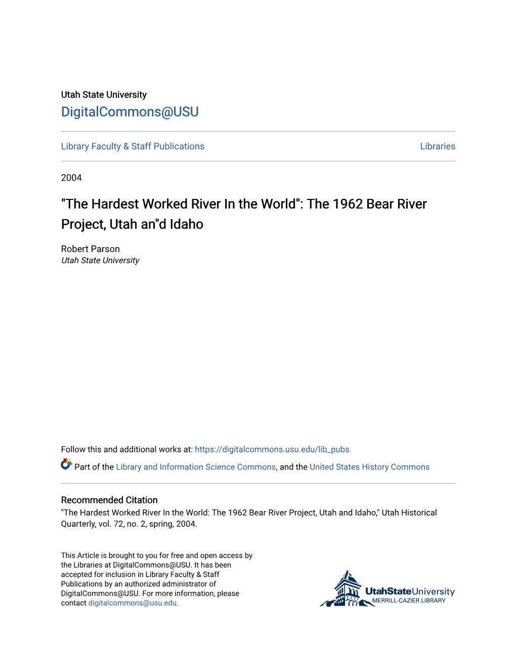 The 1962 Bear River Project, Utah An"D Idaho