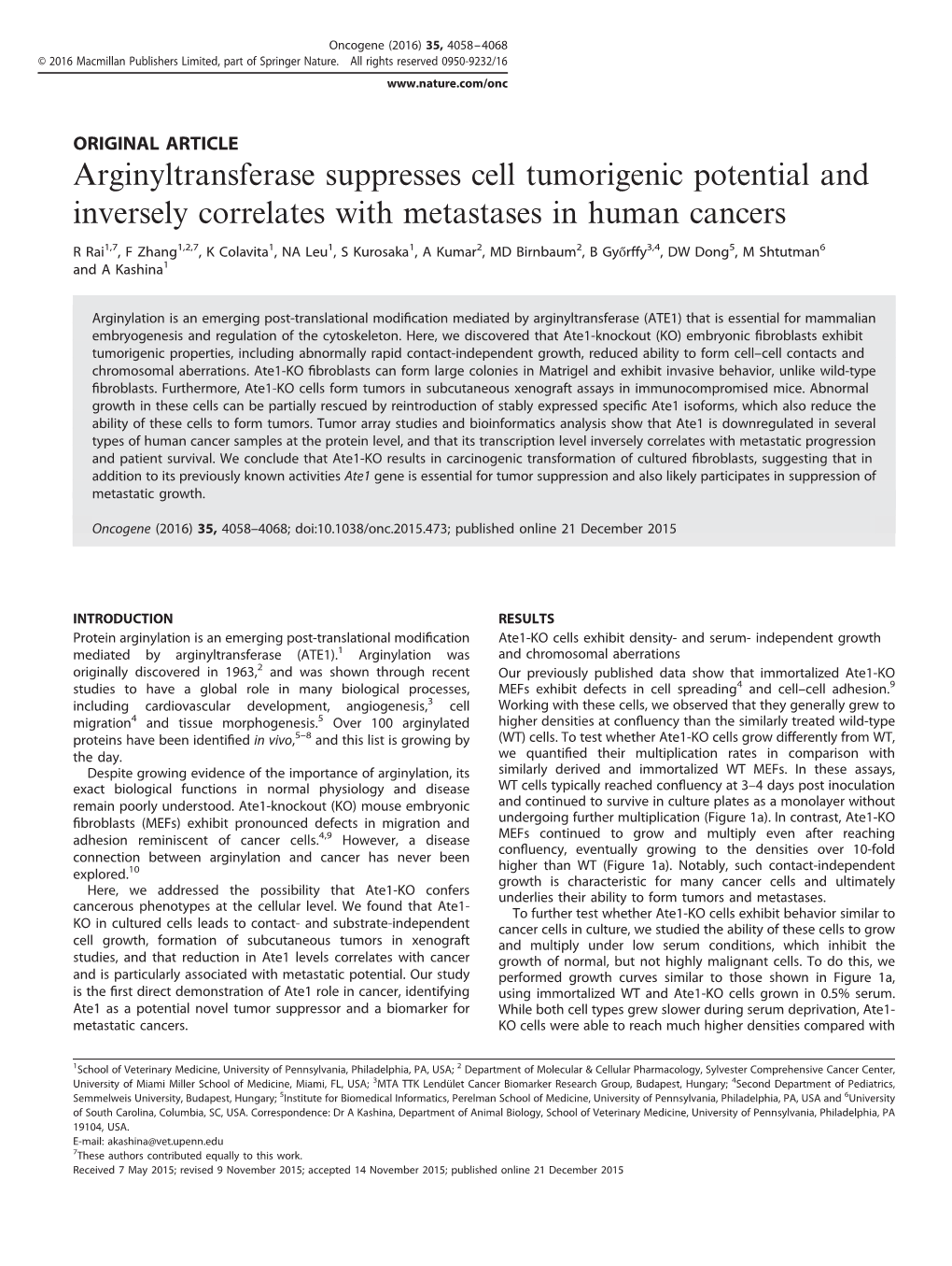 Arginyltransferase Suppresses Cell Tumorigenic Potential and Inversely Correlates with Metastases in Human Cancers