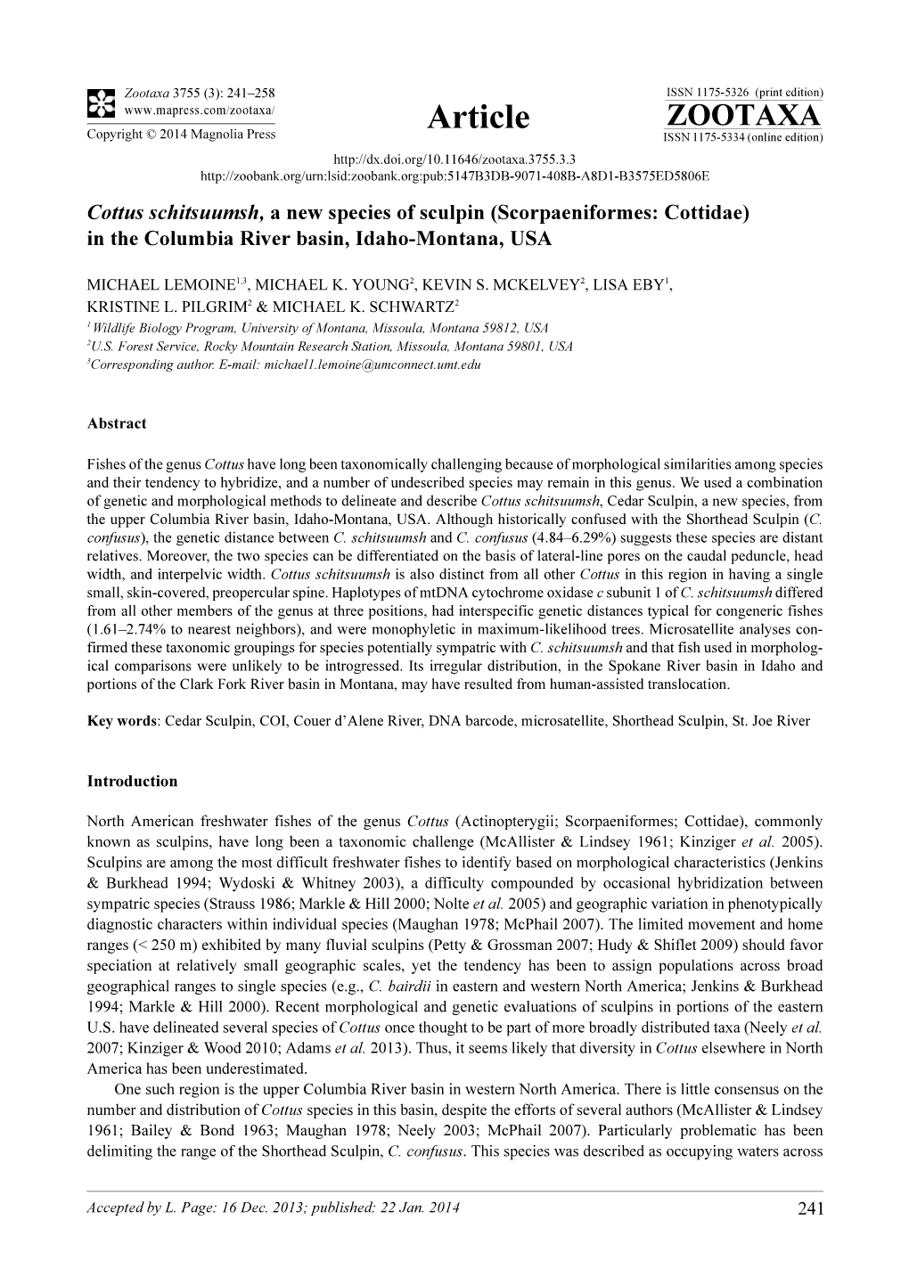 Cottus Schitsuumsh, a New Species of Sculpin (Scorpaeniformes: Cottidae) in the Columbia River Basin, Idaho-Montana, USA