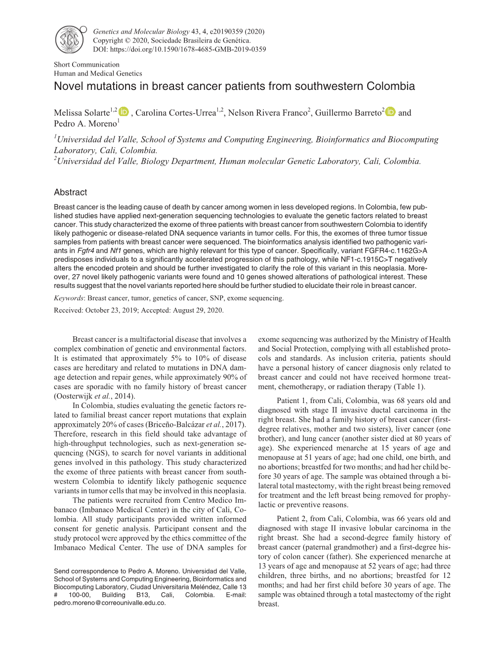 Novel Mutations in Breast Cancer Patients from Southwestern Colombia