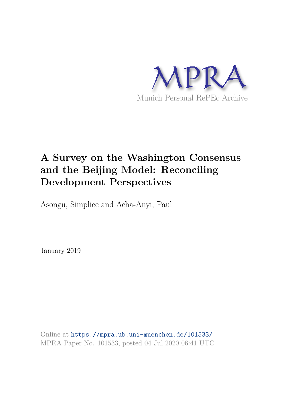 A Survey on the Washington Consensus and the Beijing Model: Reconciling Development Perspectives