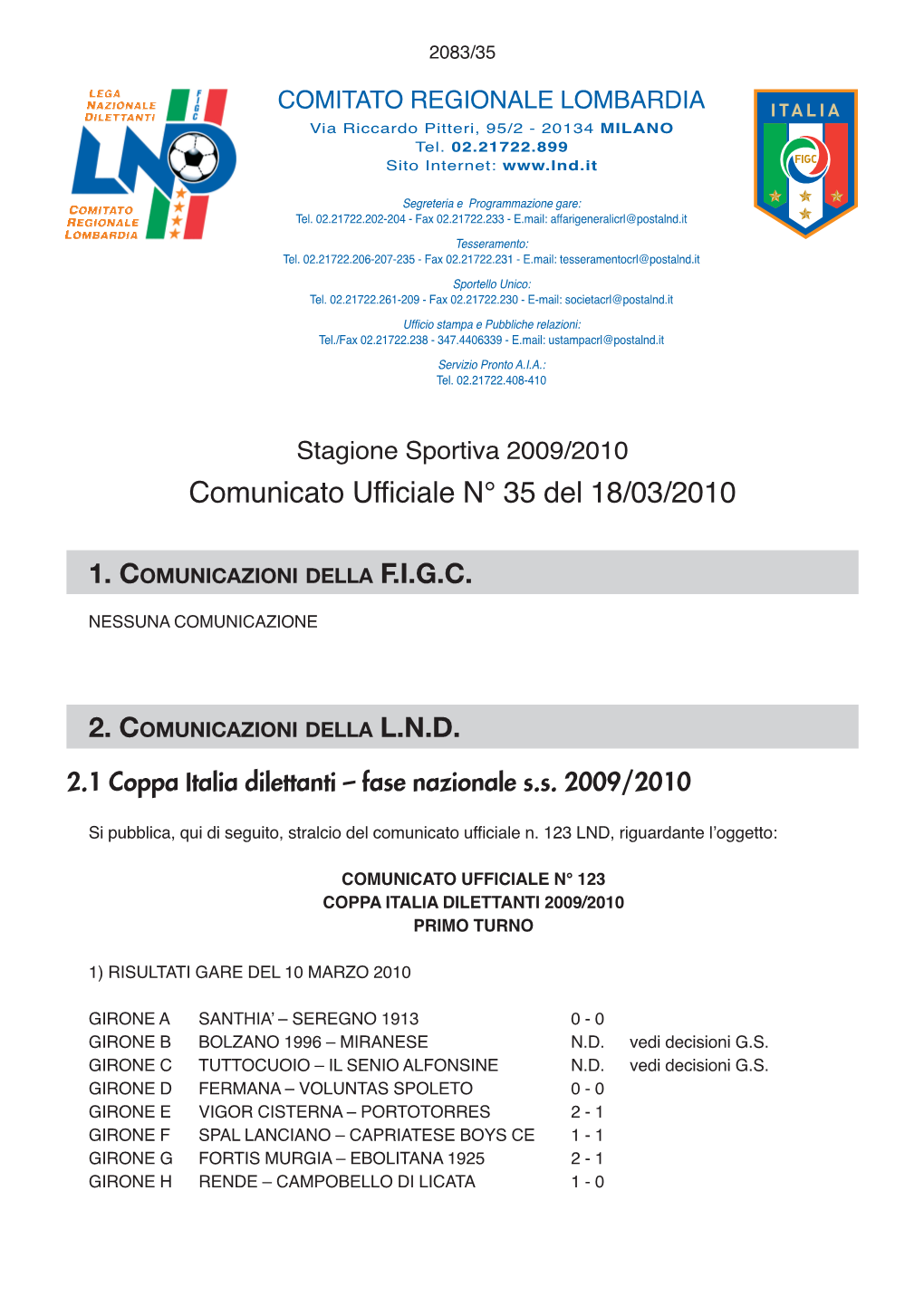 Comunicato Ufficiale N° 35 Del 18/03/2010