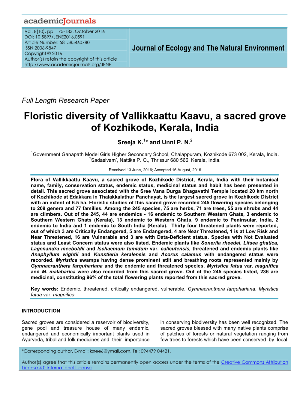 Floristic Diversity of Vallikkaattu Kaavu, a Sacred Grove of Kozhikode, Kerala, India