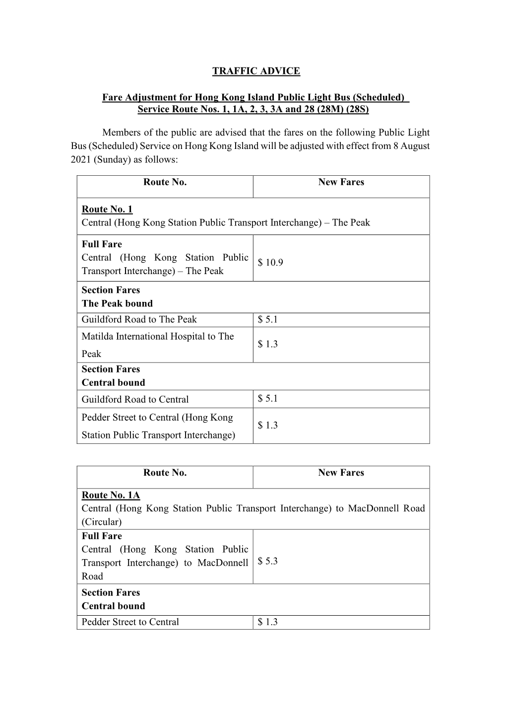 TRAFFIC ADVICE Fare Adjustment for Hong Kong Island Public Light Bus