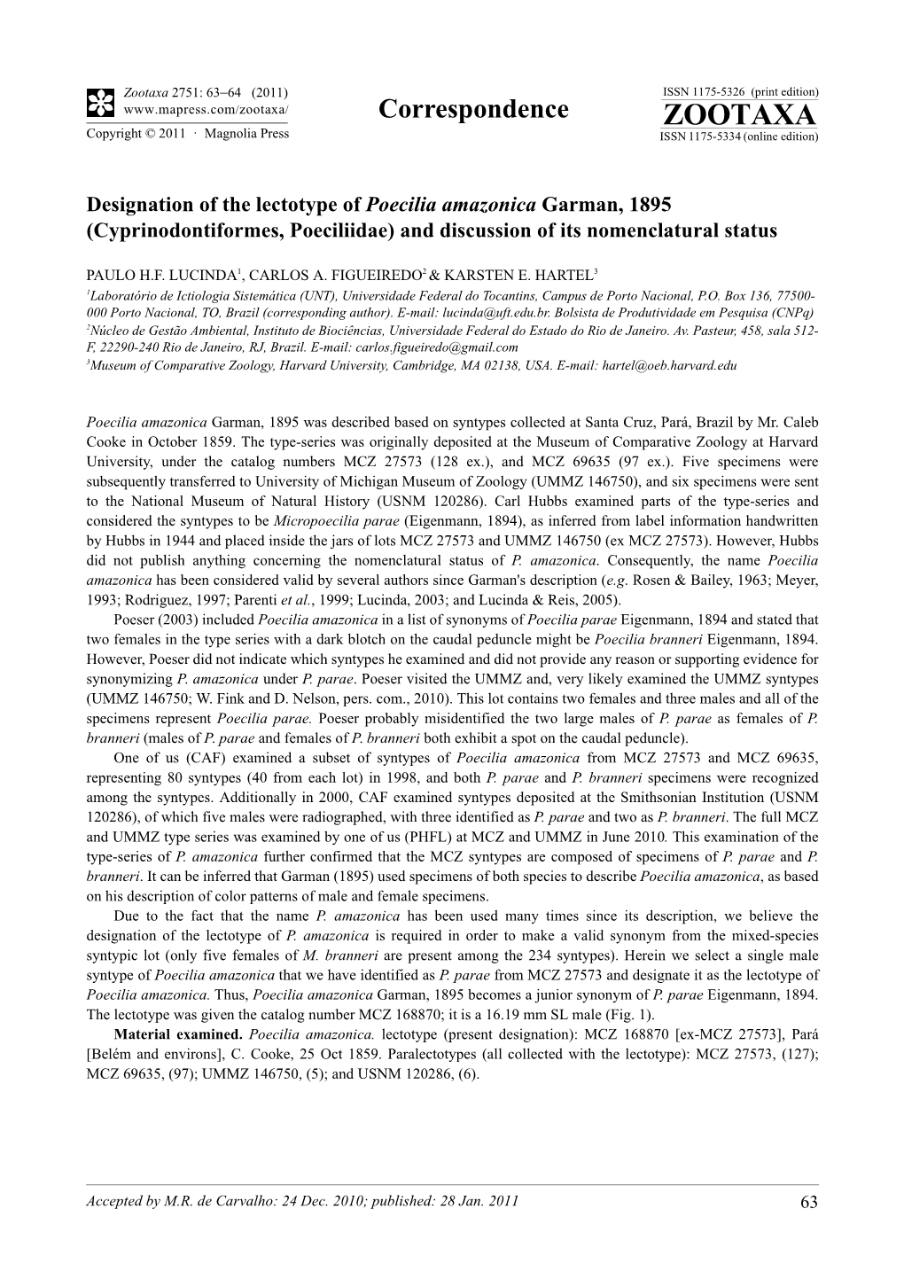 Designation of the Lectotype of Poecilia Amazonica Garman, 1895 (Cyprinodontiformes, Poeciliidae) and Discussion of Its Nomenclatural Status