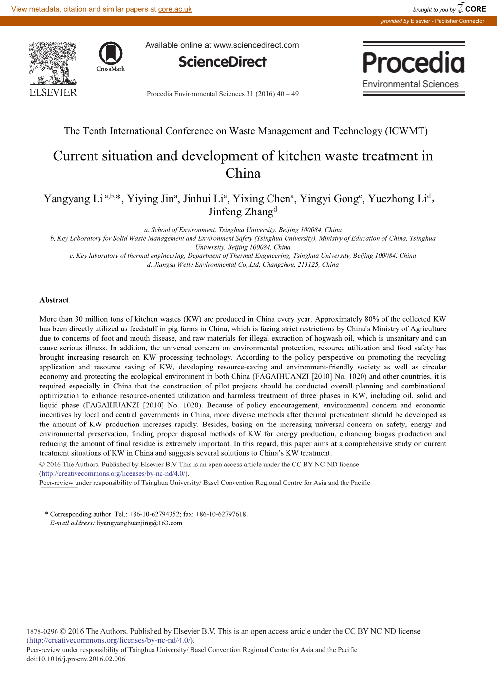 Current Situation and Development of Kitchen Waste Treatment in China