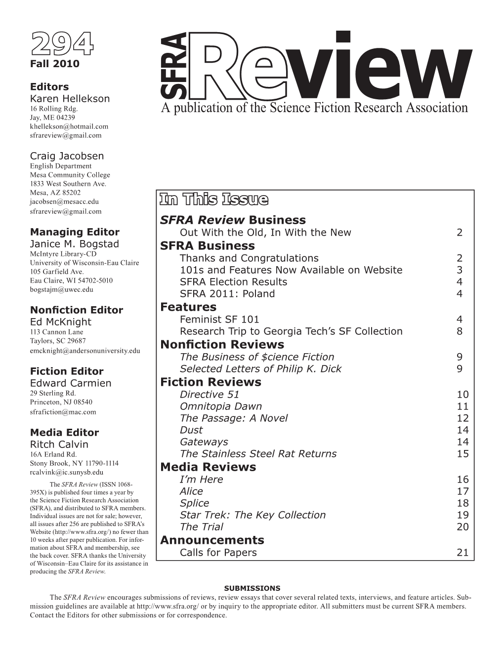 A Publication of the Science Fiction Research Association in This Issue