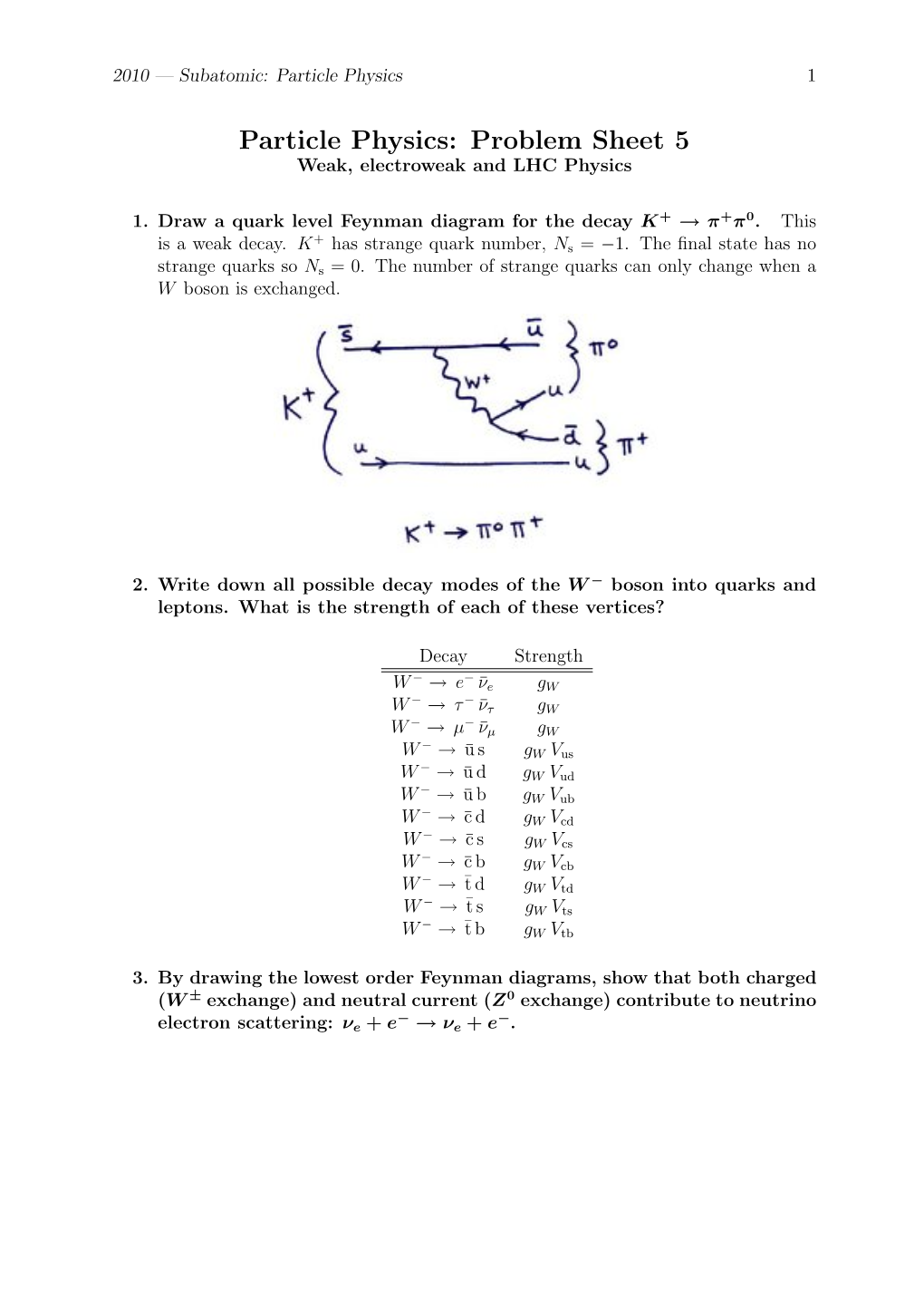 Particle Physics: Problem Sheet 5 Weak, Electroweak and LHC Physics