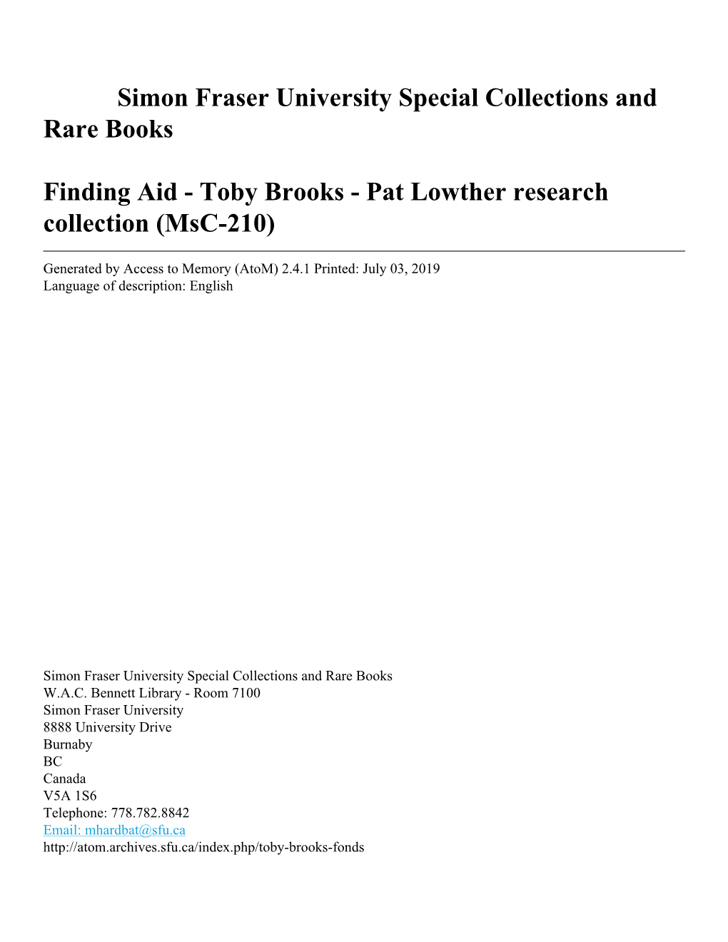 Pat Lowther Research Collection (Msc-210)