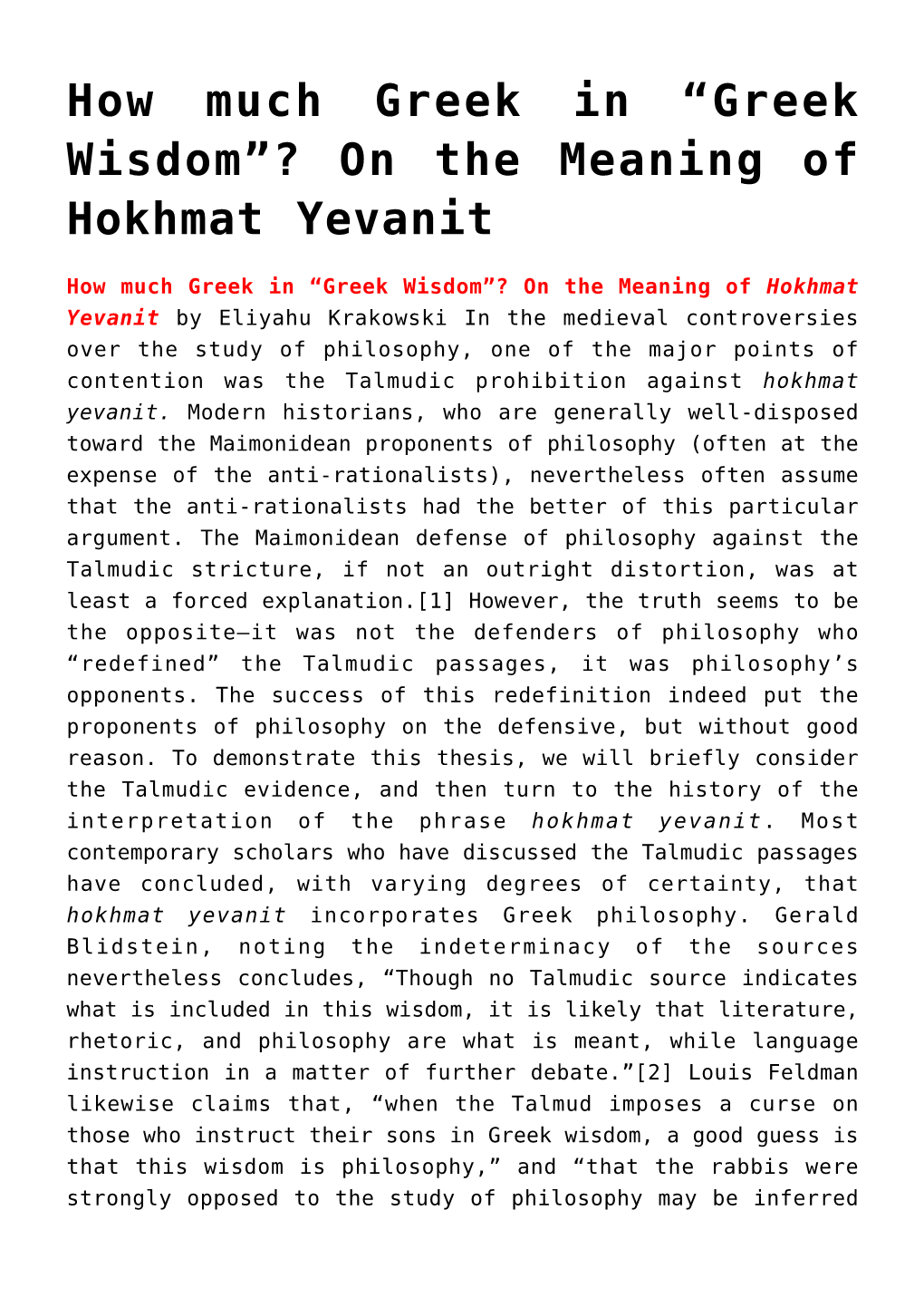 “Greek Wisdom”? on the Meaning of Hokhmat Yevanit