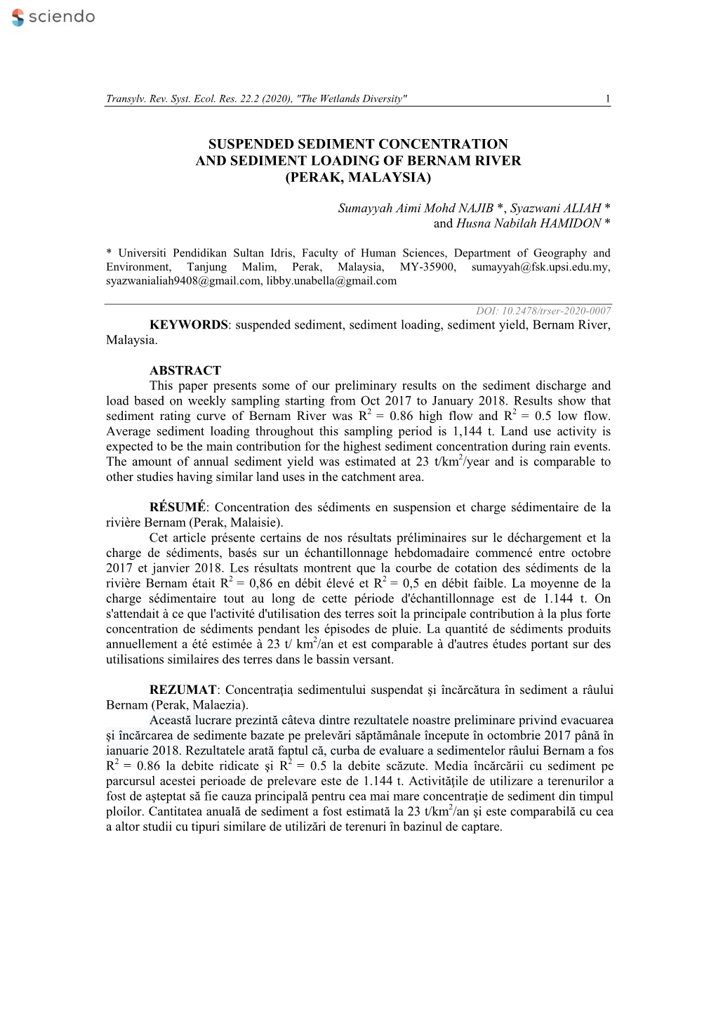 Suspended Sediment Concentration and Sediment Loading of Bernam River (Perak, Malaysia)