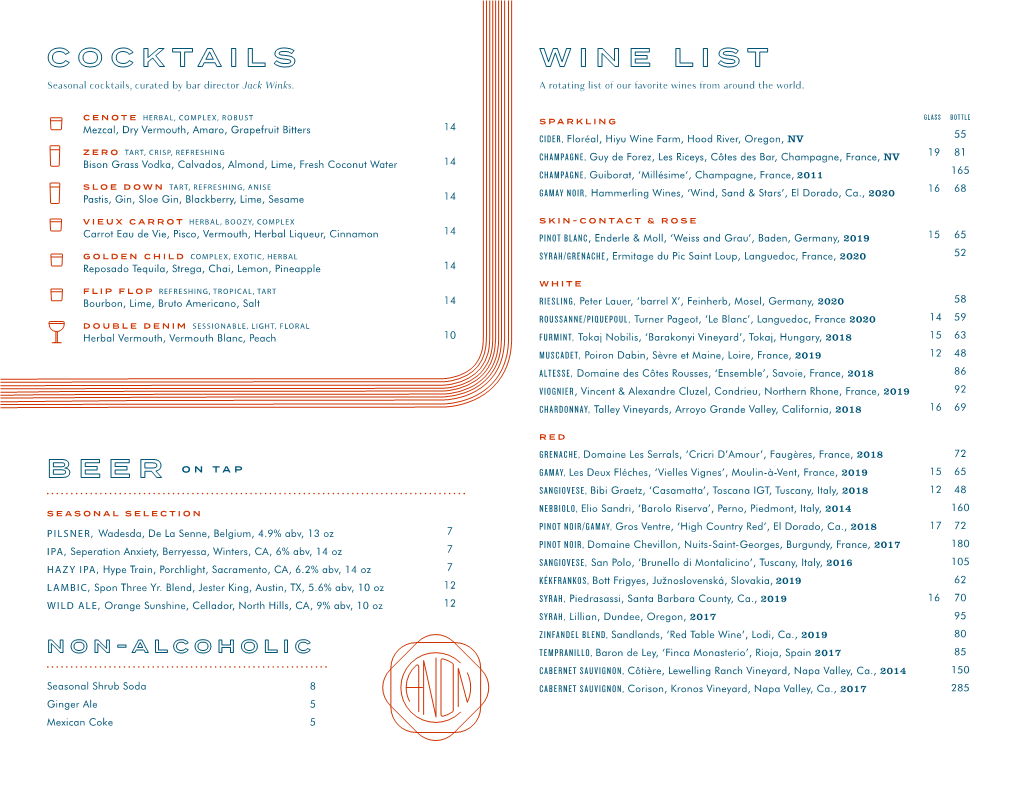 COCKTAILS WINE LIST Seasonal Cocktails, Curated by Bar Director Jack Winks