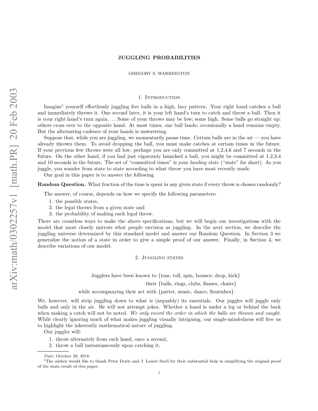 Arxiv:Math/0302257V1 [Math.PR] 20 Feb 2003 Eeaietento Fasaei Re Ogv Ipepofo U a Our of Proof Simple a Give to Order T in in Model