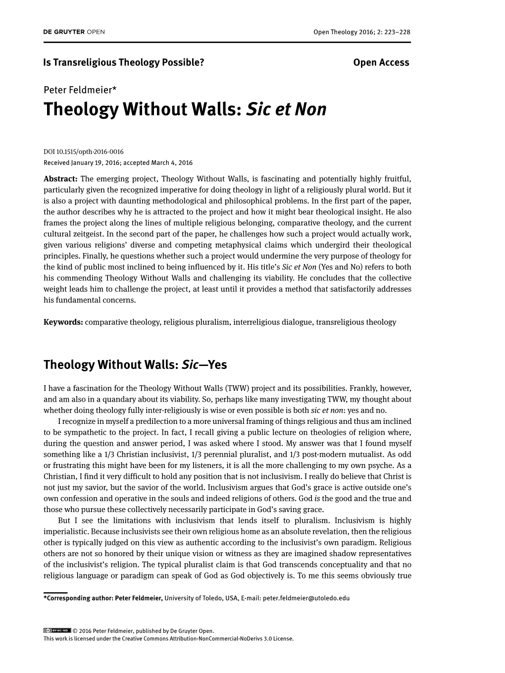 Theology Without Walls: Sic Et Non