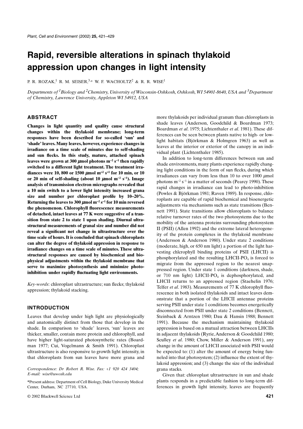 Rapid, Reversible Alterations in Spinach Thylakoid Appression Upon Changes in Light Intensity