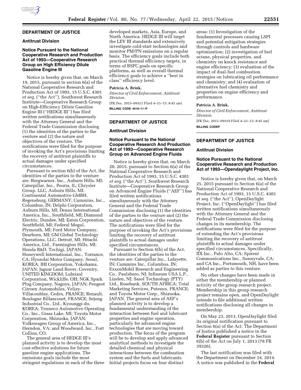 Federal Register/Vol. 80, No. 77/Wednesday, April 22, 2015/Notices