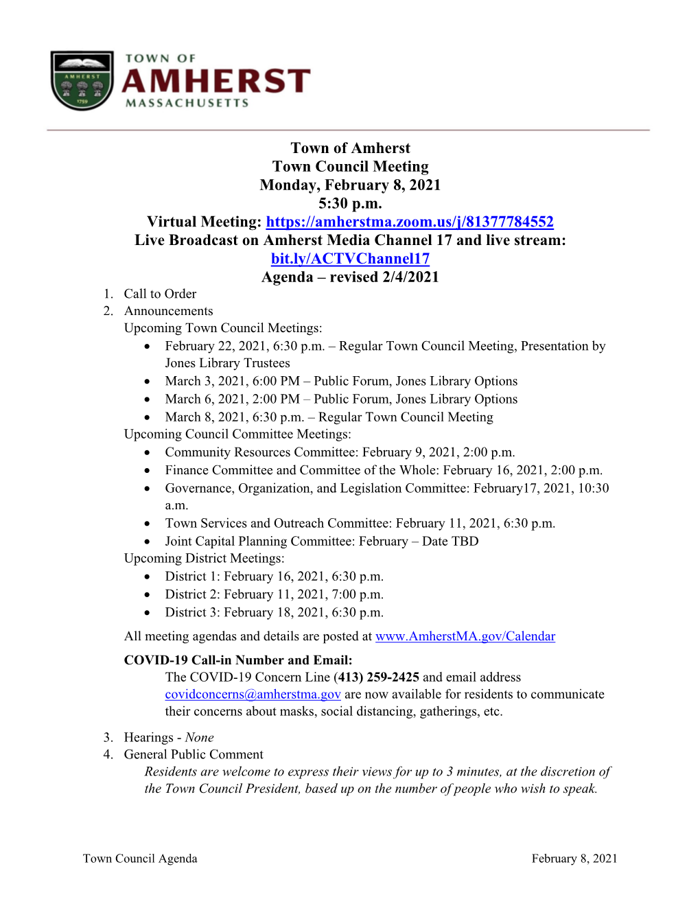 Town of Amherst Town Council Meeting Monday, February 8, 2021 5:30 P.M