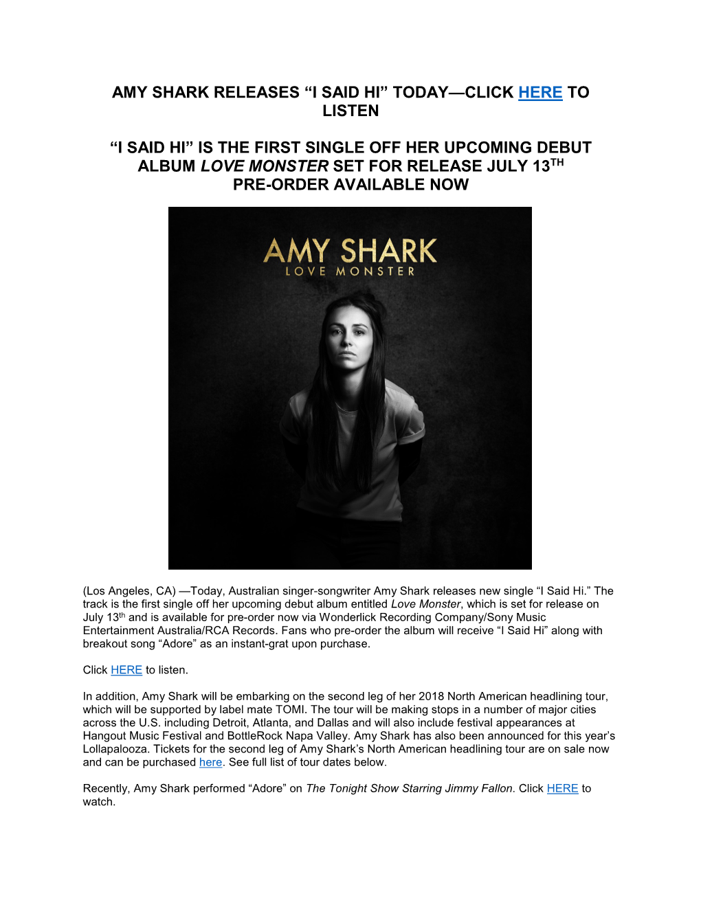 Amy Shark Releases “I Said Hi” Today—Click Here to Listen