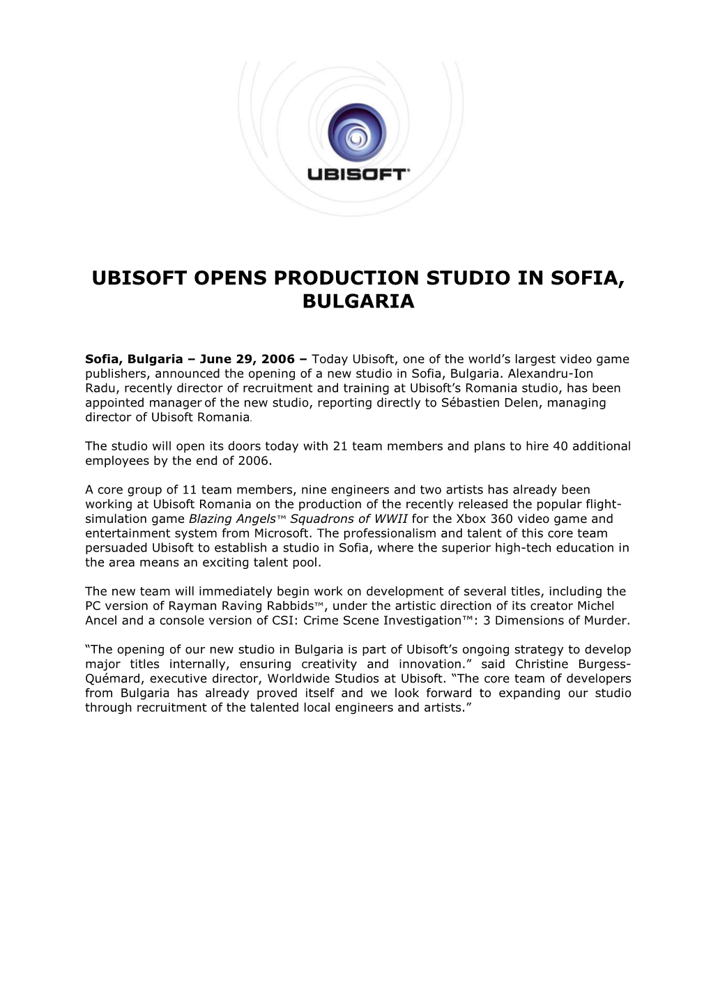 Ubisoft Opens Production Studio in Sofia, Bulgaria