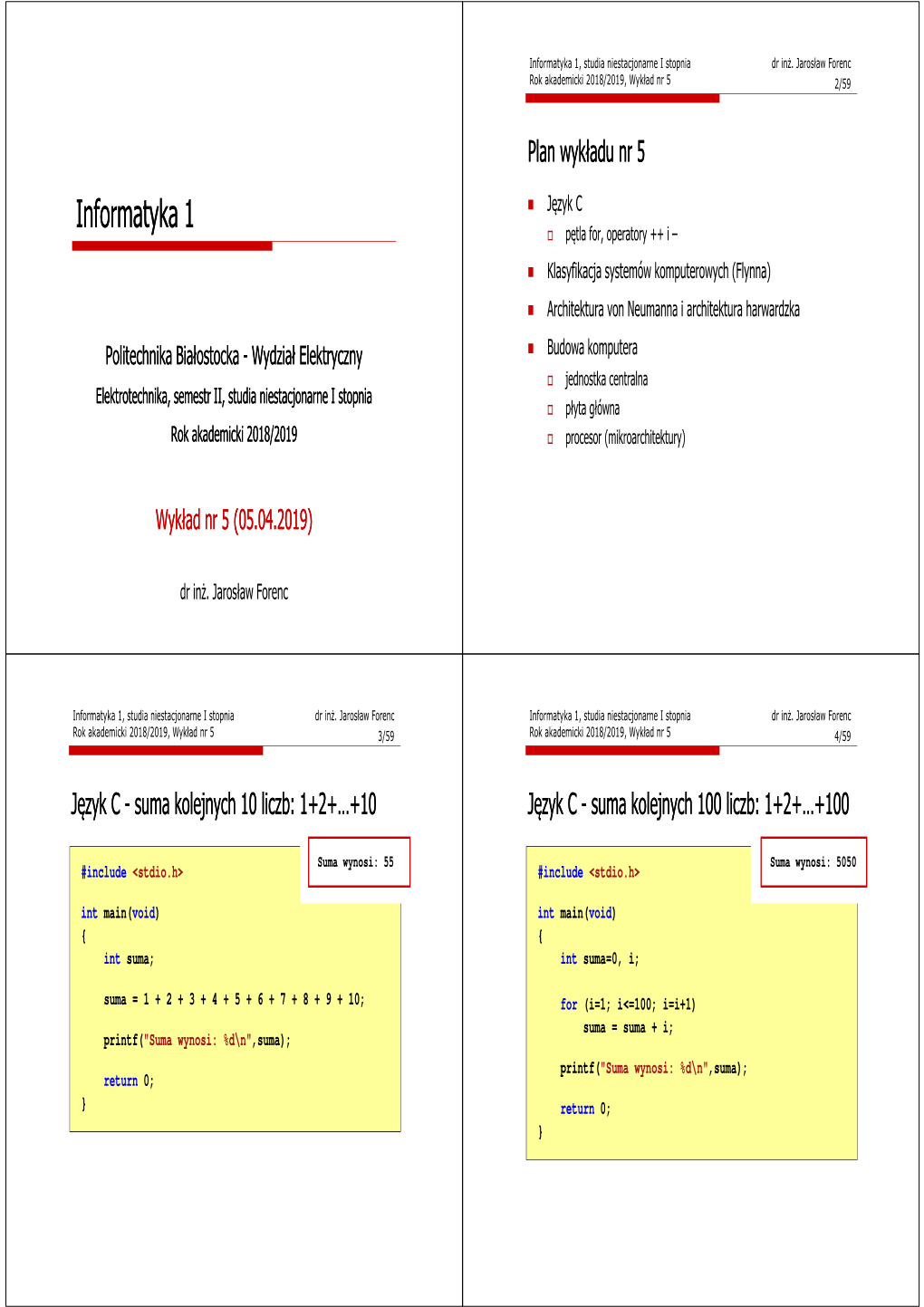 Informatyka 1, Studia Niestacjonarne I Stopnia Dr Inż