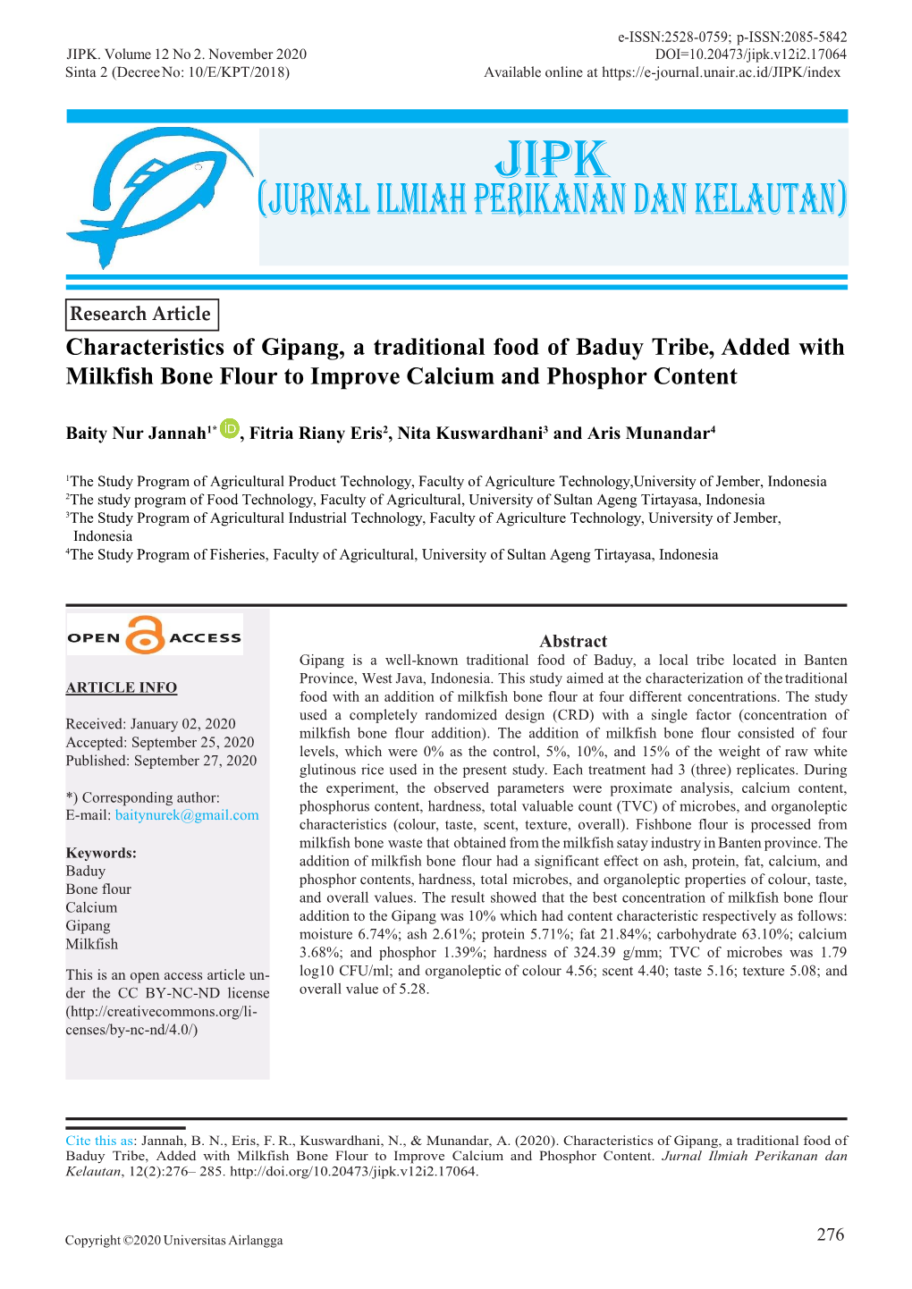 Characteristics of Gipang, a Traditional Food of Baduy Tribe, Added with Milkfish Bone Flour to Improve Calcium and Phosphor Content