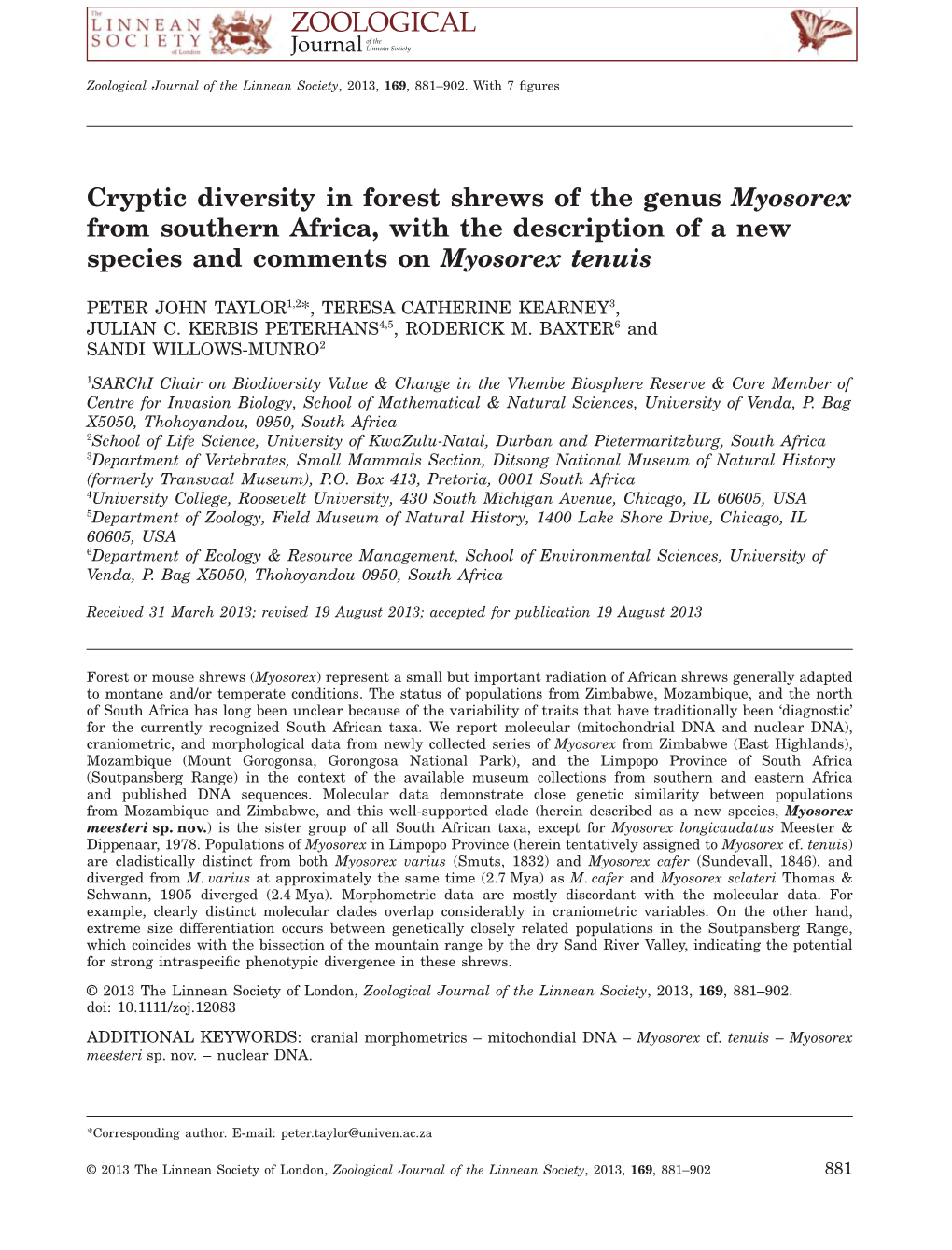 Cryptic Diversity in Forest Shrews of the Genus Myosorex from Southern Africa, with the Description of a New Species and Comments on Myosorex Tenuis