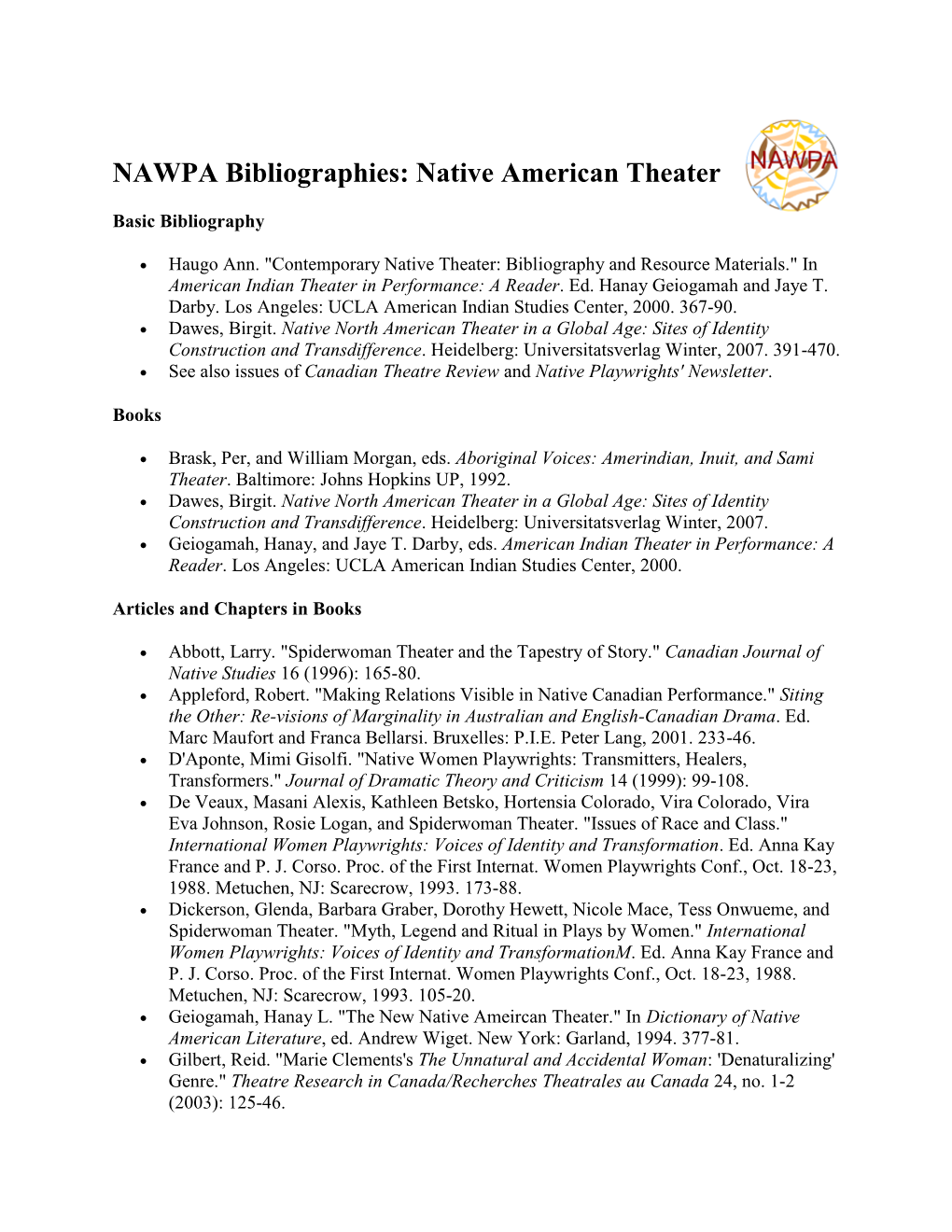 NAWPA Bibliographies: Native American Theater