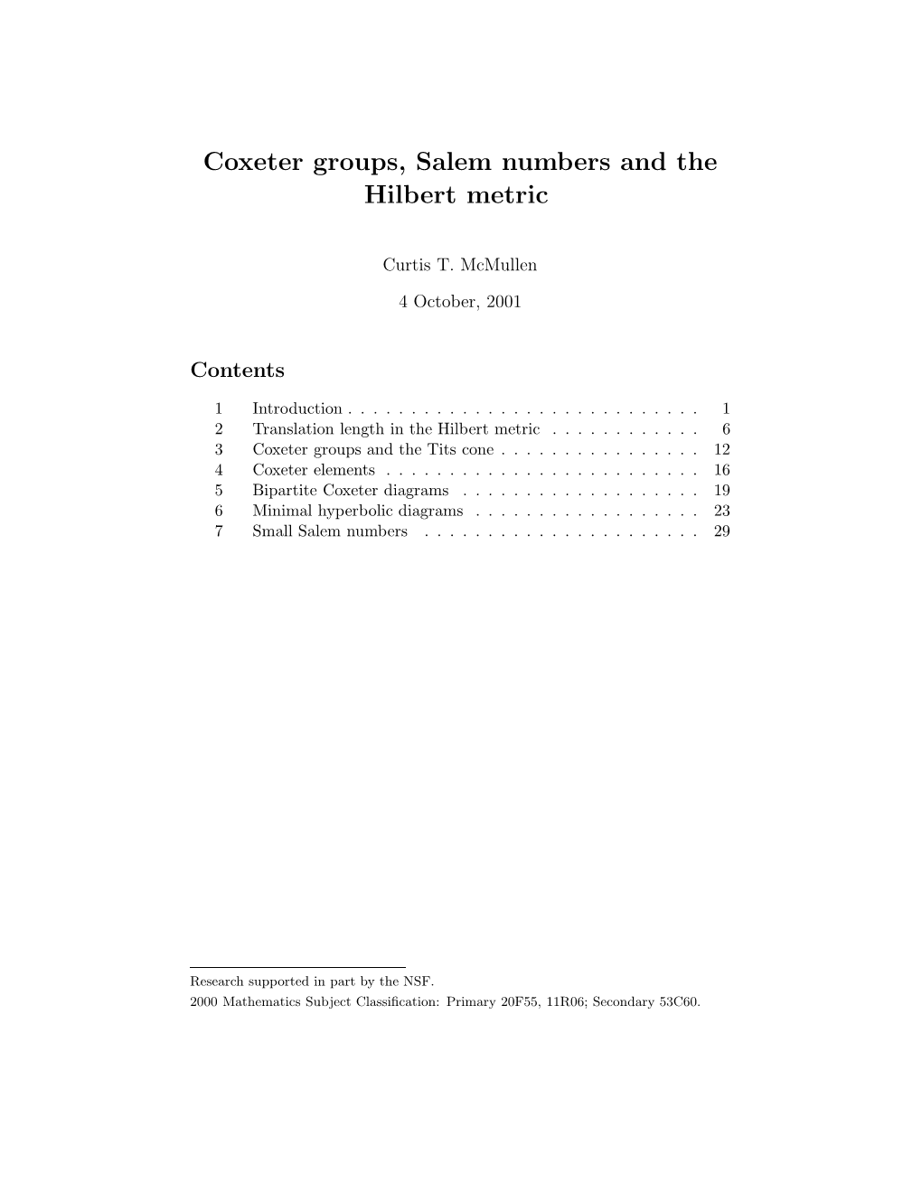 Coxeter Groups, Salem Numbers and the Hilbert Metric