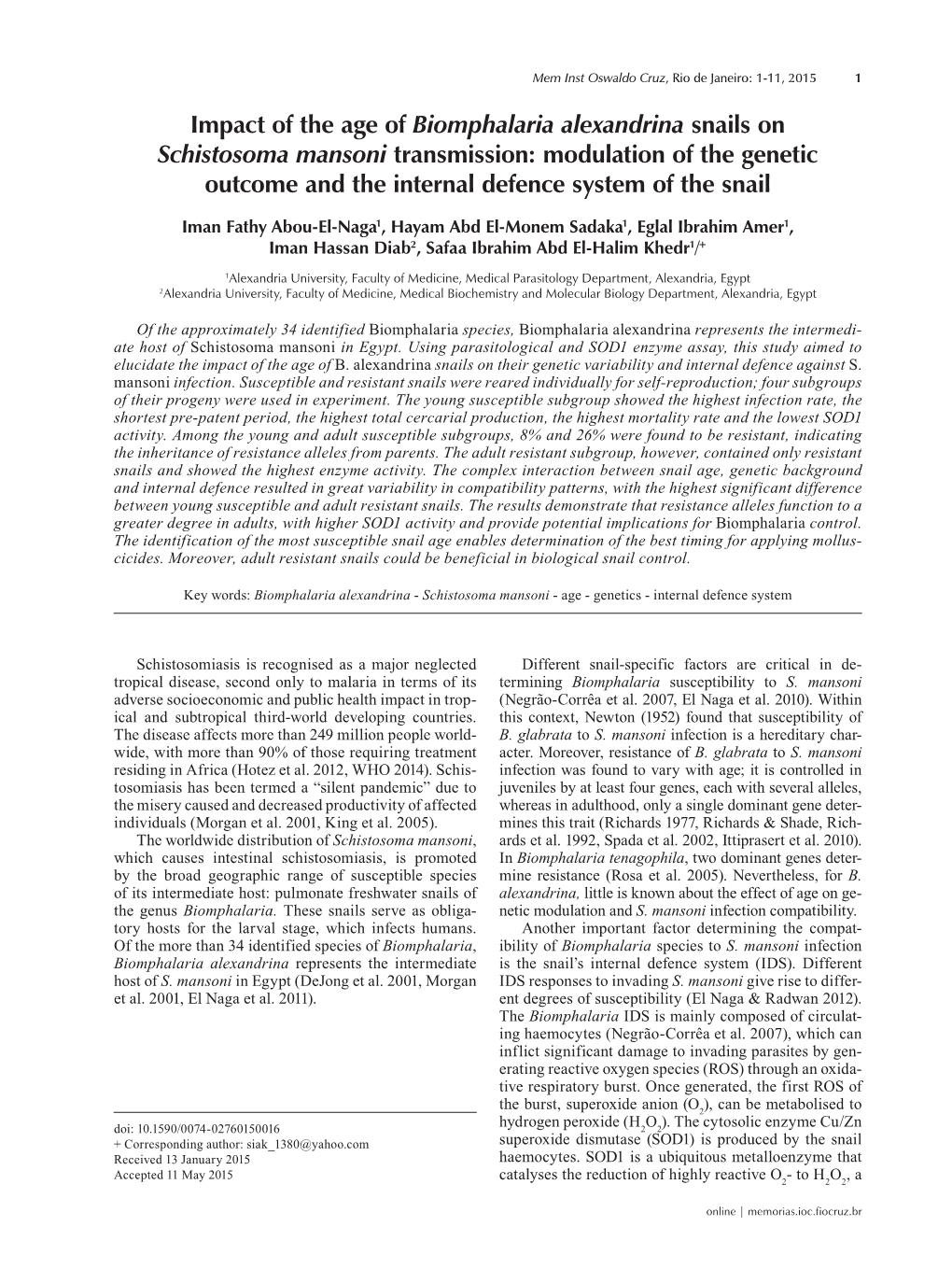 Impact of the Age of Biomphalaria Alexandrina Snails on Schistosoma