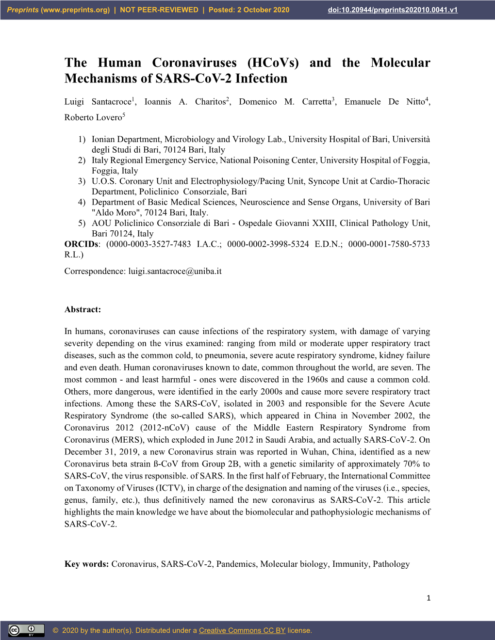 (Hcovs) and the Molecular Mechanisms of SARS-Cov-2 Infection