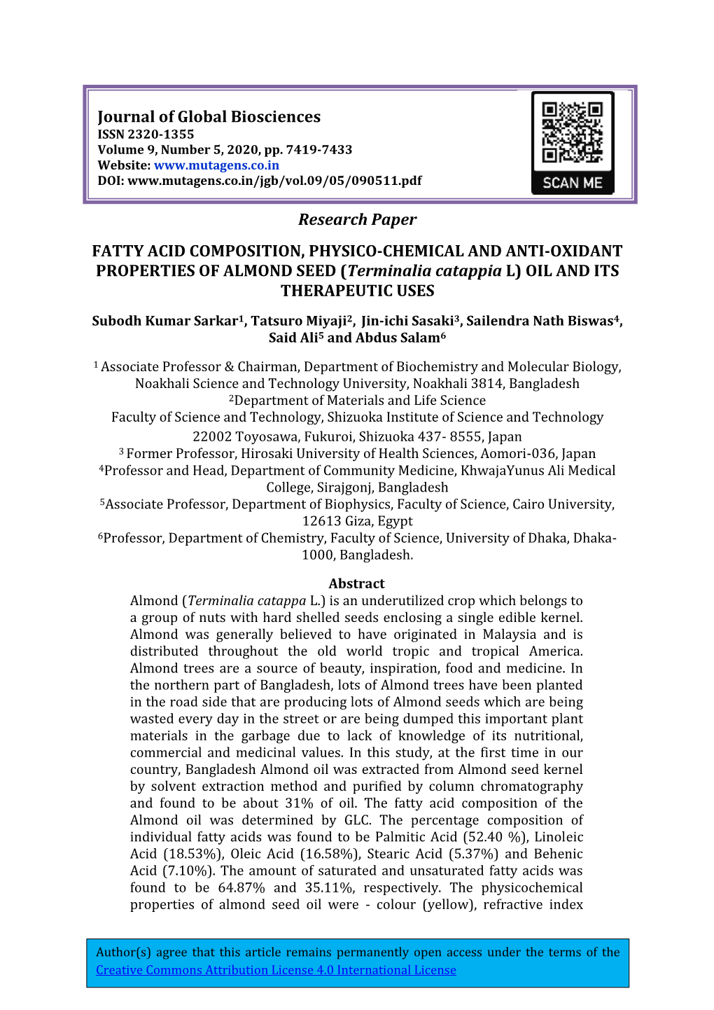 FATTY ACID COMPOSITION, PHYSICO-CHEMICAL and ANTI-OXIDANT PROPERTIES of ALMOND SEED (Terminalia Catappia L) OIL and ITS THERAPEUTIC USES