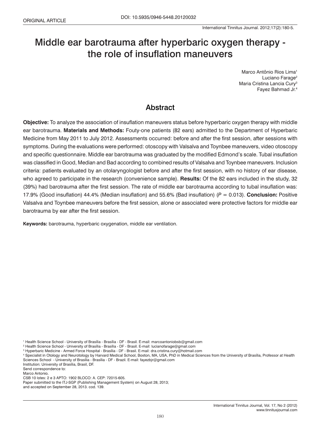 Middle Ear Barotrauma After Hyperbaric Oxygen Therapy - the Role of Insuflation Maneuvers