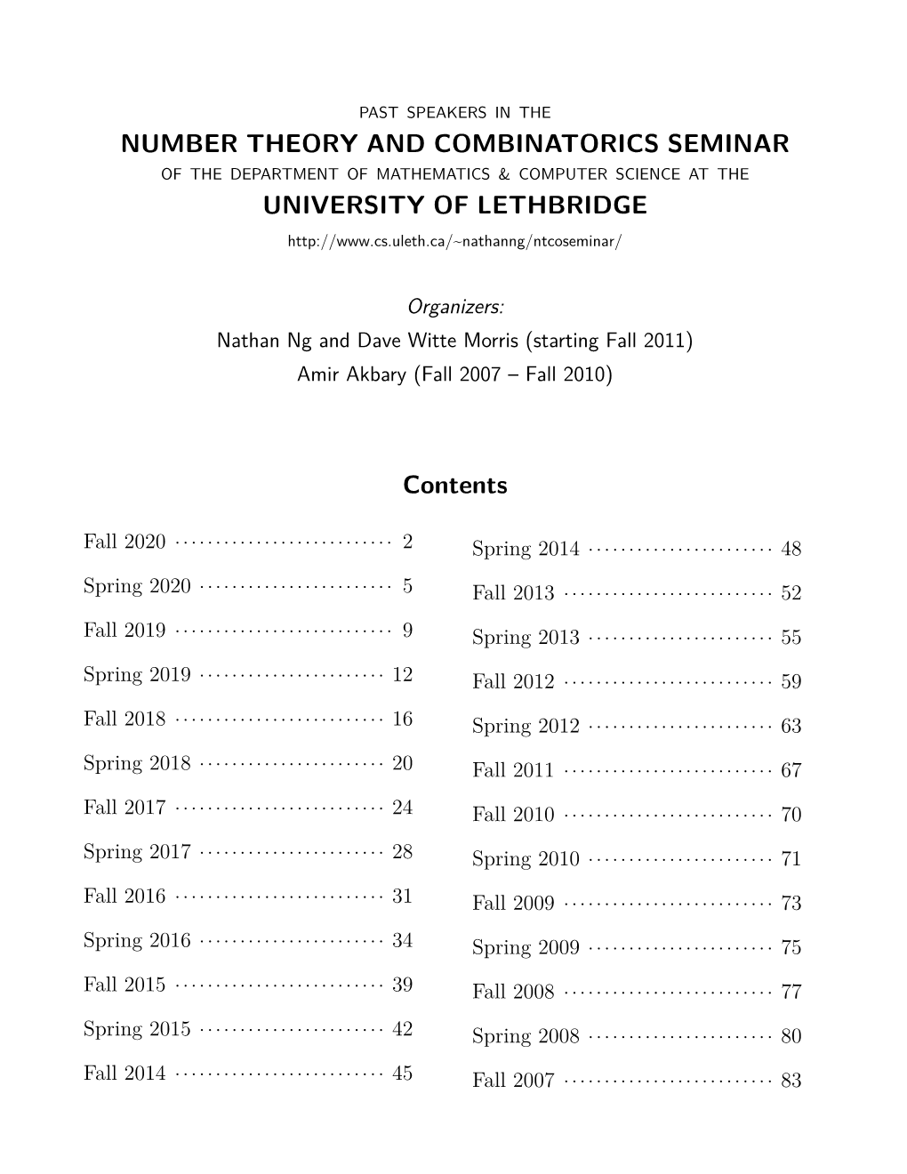 NUMBER THEORY and COMBINATORICS SEMINAR UNIVERSITY of LETHBRIDGE Contents