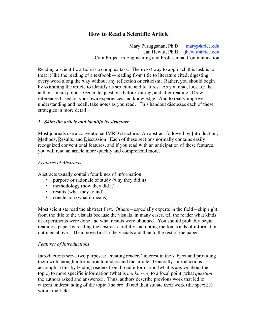 How to Read a Scientific Article -Cain Project in Engineering and Professional Communication