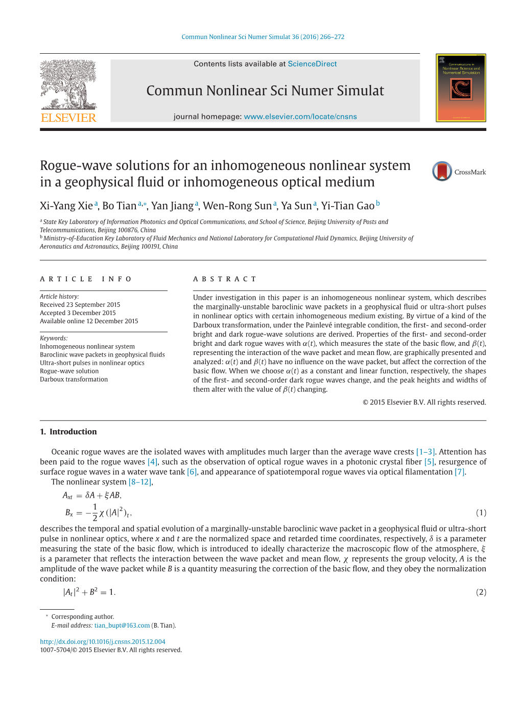 Rogue-Wave Solutions for an Inhomogeneous Nonlinear System in a Geophysical ﬂuid Or Inhomogeneous Optical Medium