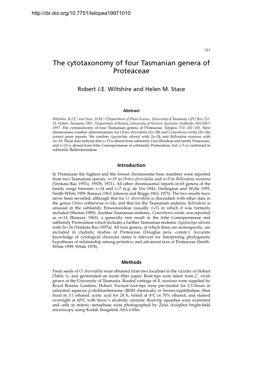 The Cytotaxonomy of Four Tasmanian Genera of Proteaceae