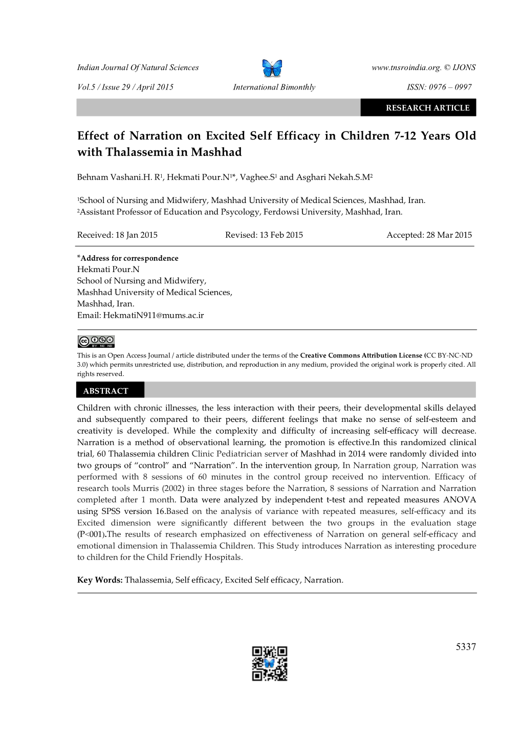 Effect of Narration on Excited Self Efficacy in Children 7-12 Years Old with Thalassemia in Mashhad