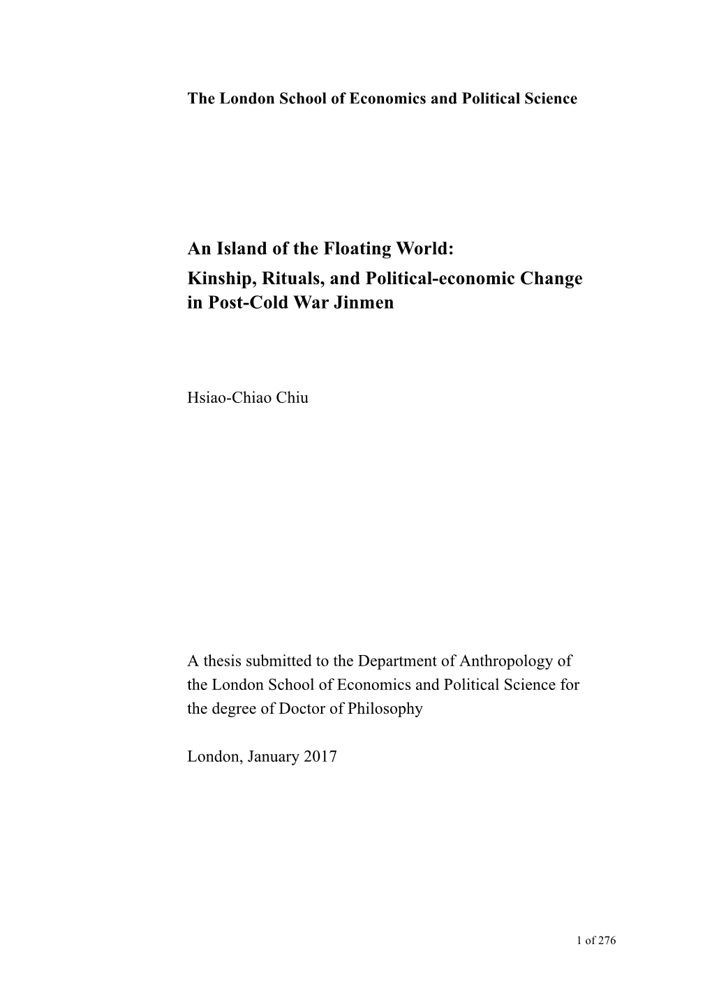 An Island of the Floating World: Kinship, Rituals, and Political-Economic Change in Post-Cold War Jinmen