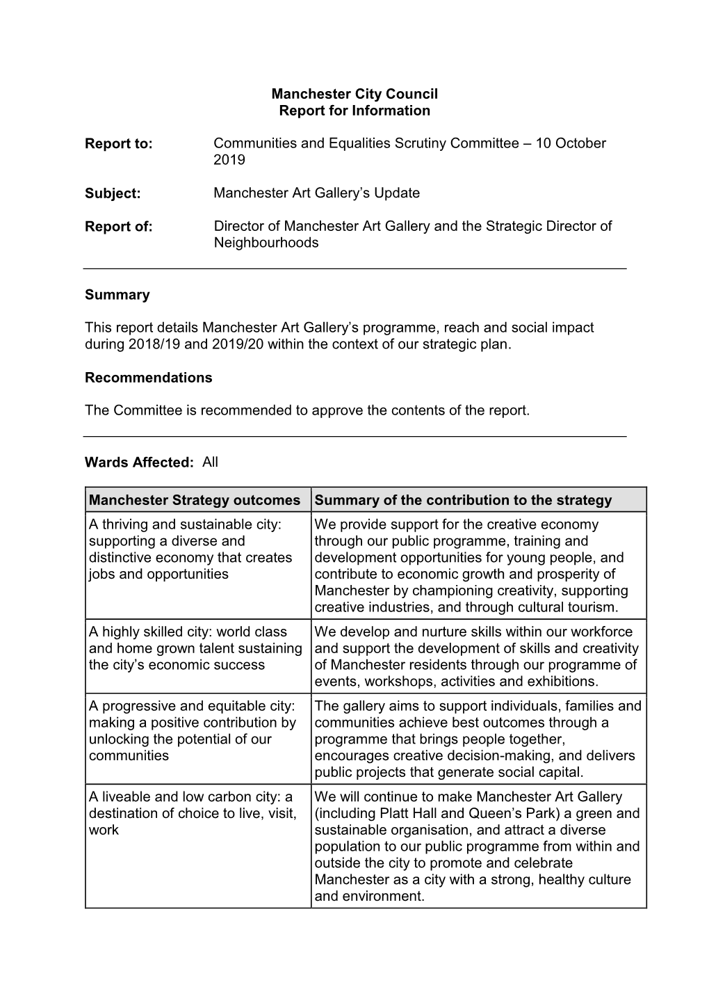 Communities and Equalities Scrutiny Committee – 10 October 2019