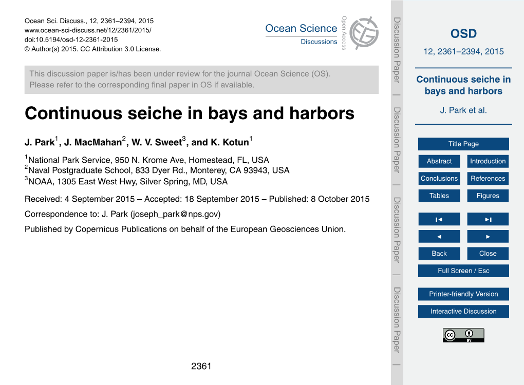 Continuous Seiche in Bays and Harbors J