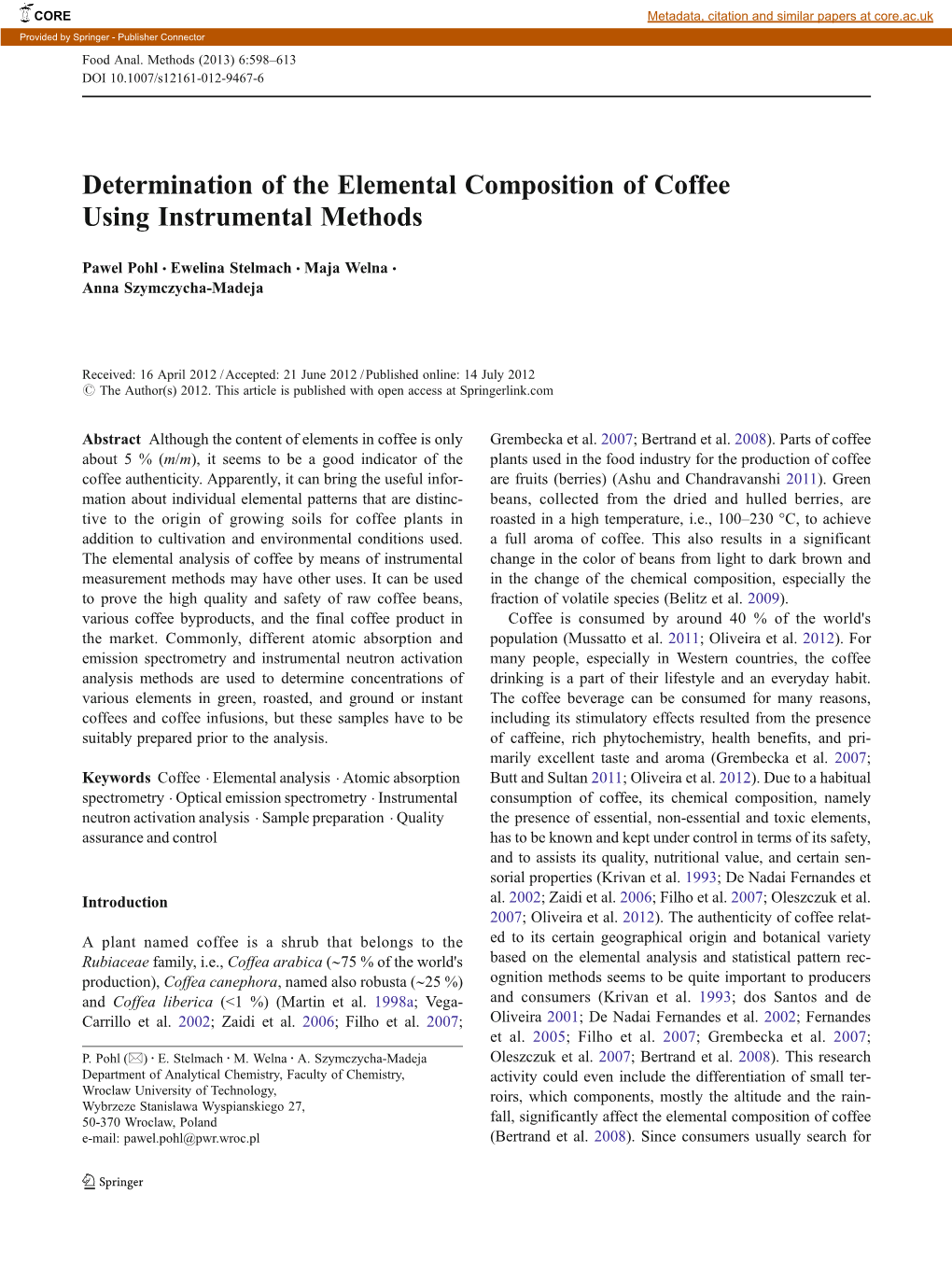 Determination of the Elemental Composition of Coffee Using Instrumental Methods