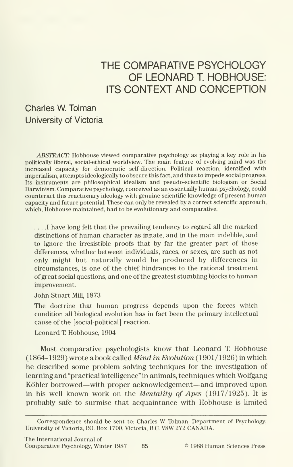 The Comparative Psychology of Leonard T Hobhouse: Its Context and Conception