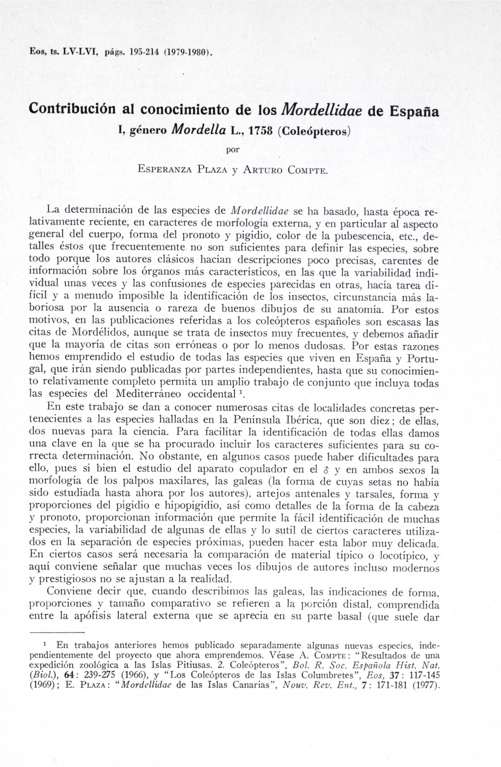 Contribución Al Conocimiento De Los Mordellidae De España Género Mordella L., 1758 (Coleópteros) Por