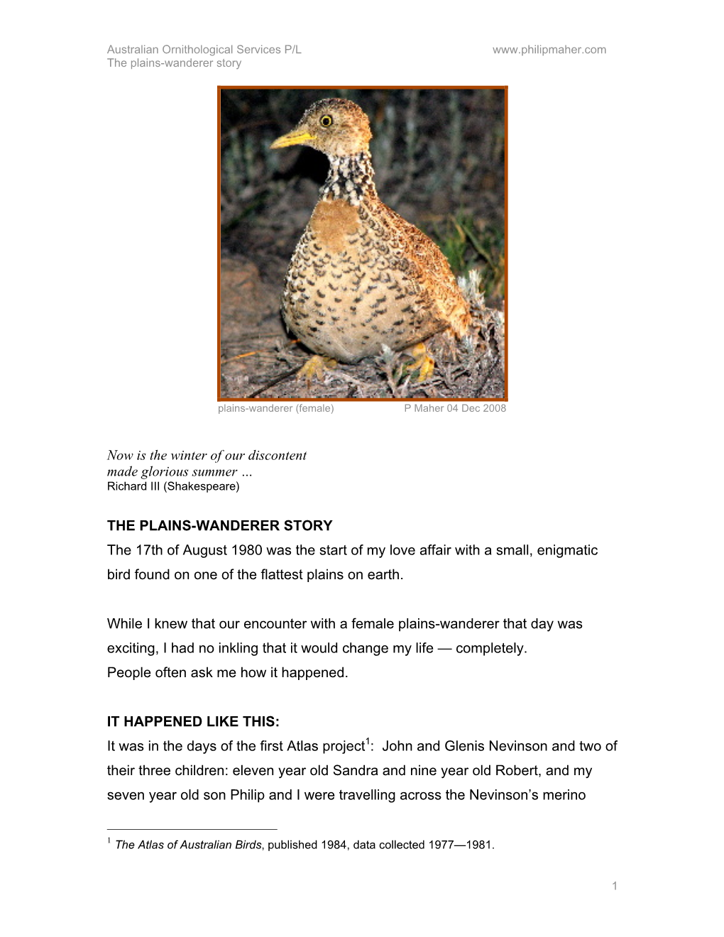Now Is the Winter of Our Discontent Made Glorious Summer … the PLAINS-WANDERER STORY the 17Th of August 1980 Was the Start Of