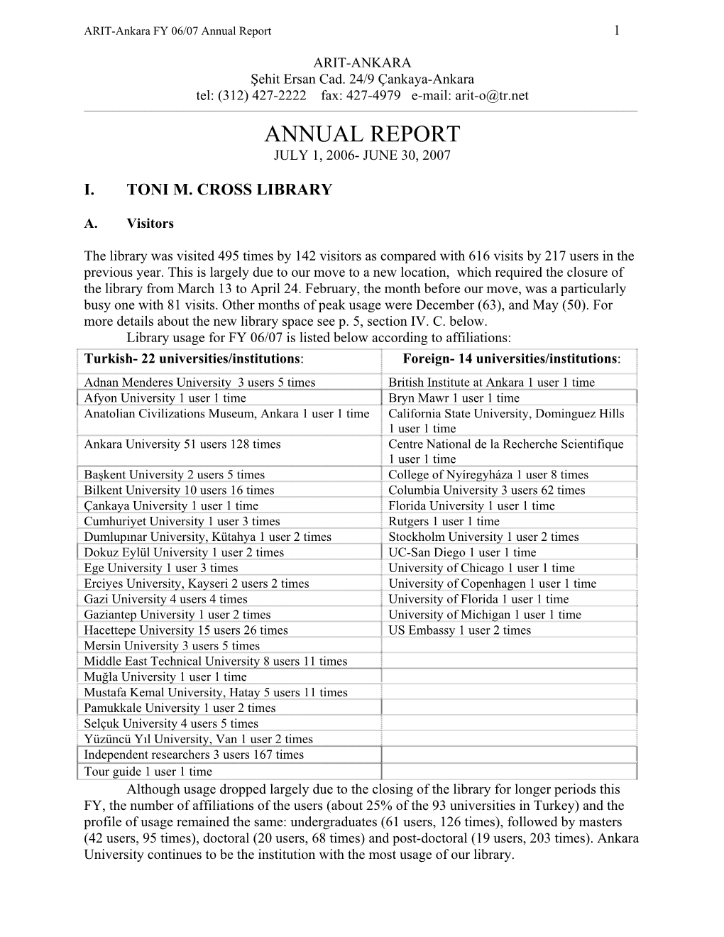 ARIT-Ankara FY 06/07 Annual Report 1