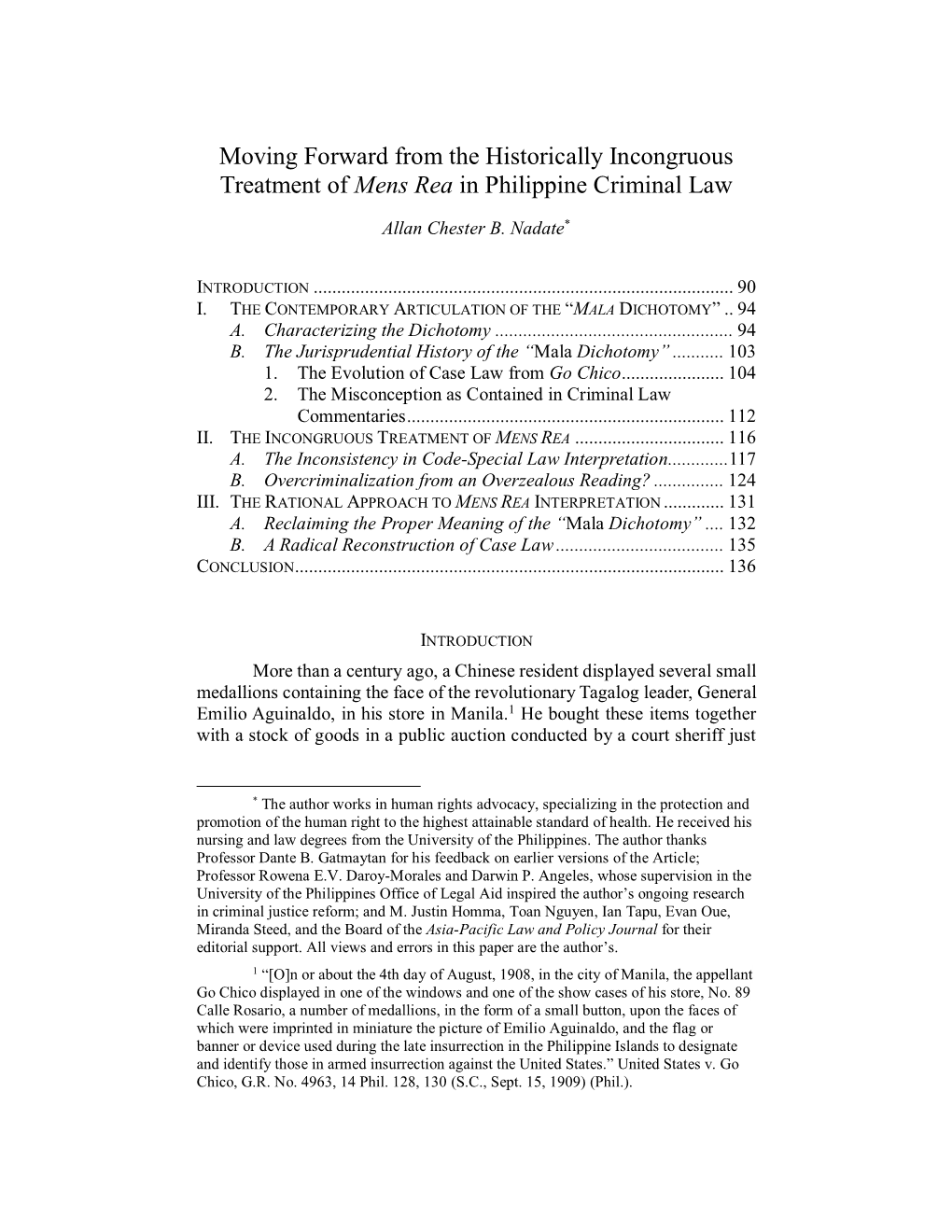 Moving Forward from the Historically Incongruous Treatment of Mens Rea in Philippine Criminal Law