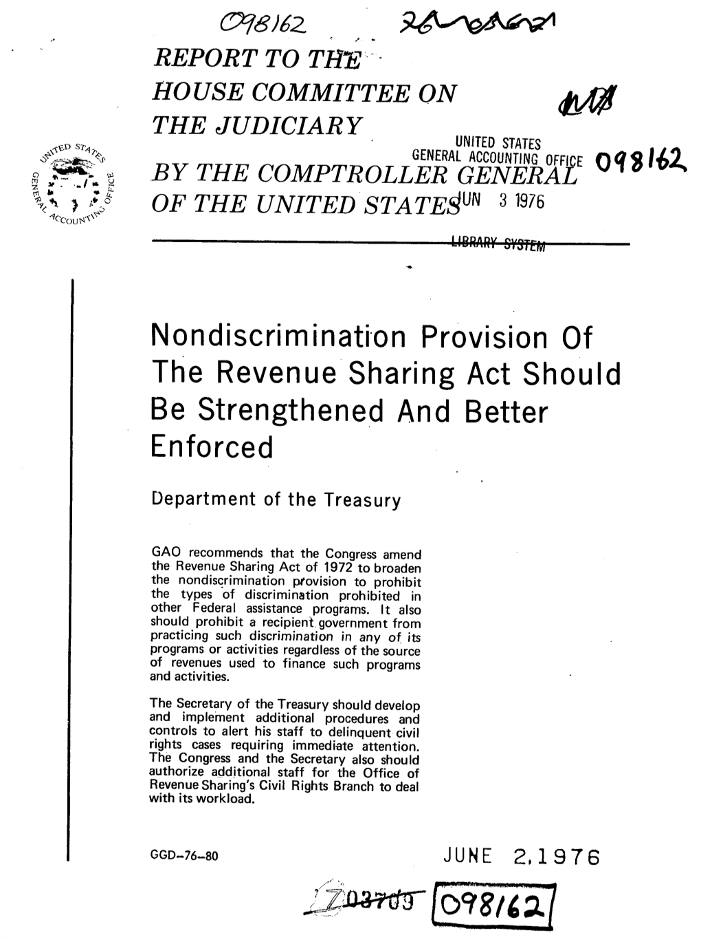 GGD-76-80 Nondiscrimination Provision of the Revenue Sharing