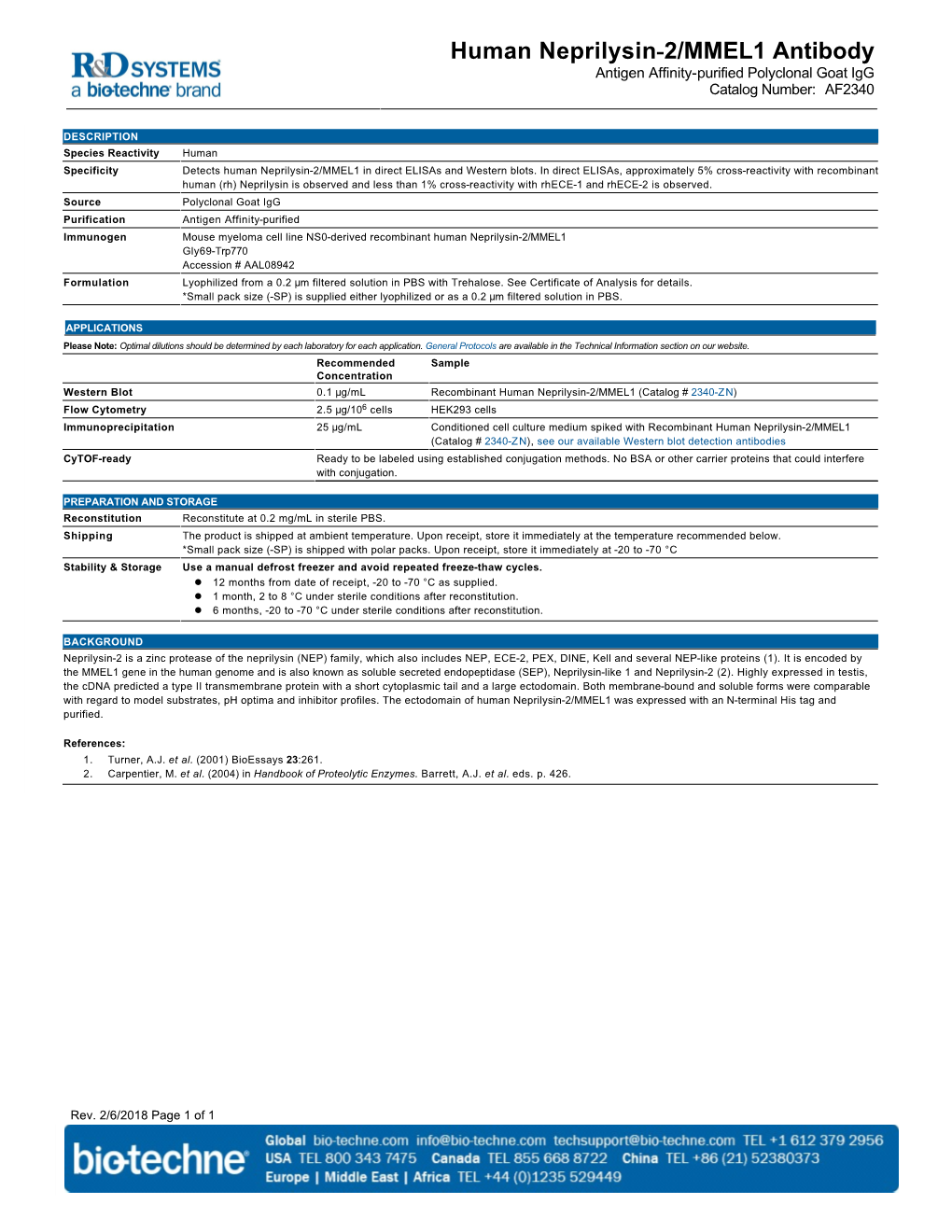 Human Neprilysin-2/MMEL1 Antibody Antigen Affinity-Purified Polyclonal Goat Igg Catalog Number: AF2340